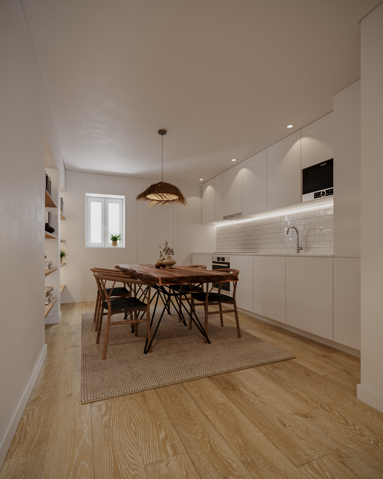 Cozinha moderna com mesa de jantar de madeira, cadeiras de madeira e assento preto, iluminação embutida, armários brancos, backsplash de azulejos brancos, pia com torneira, janela com plantas e piso de madeira.