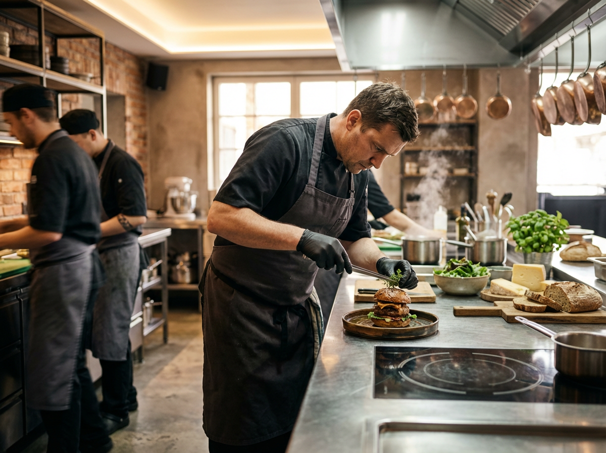 Chef preparando una hamburguesa en una cocina moderna con otros cocineros al fondo.