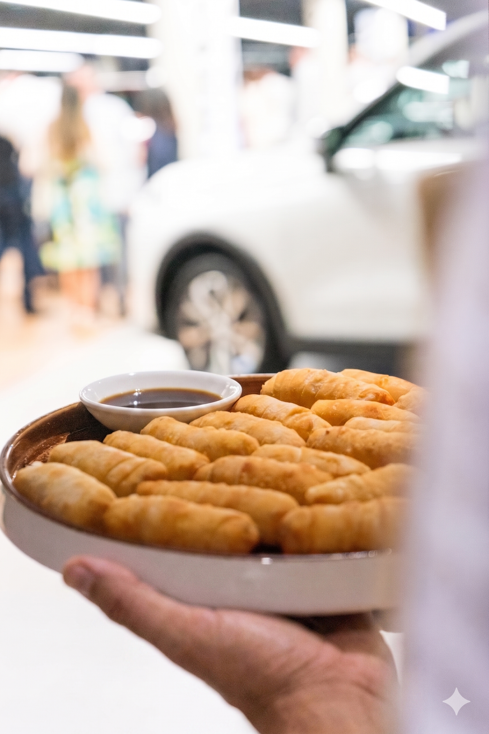 Persona sostiene un plato con empanadas y salsa, fondo de una tienda con varias personas y un coche visible a través de la ventana