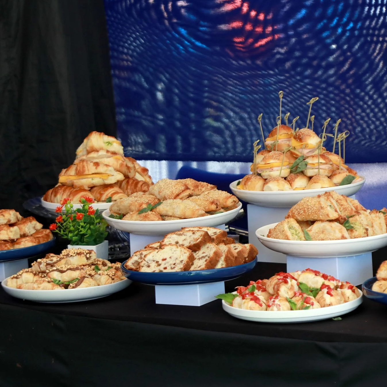 Amplia variedad de bocadillos y postres en una mesa de buffet, con fondos de tela negra y azul, y decoraciones verdes y rojas.