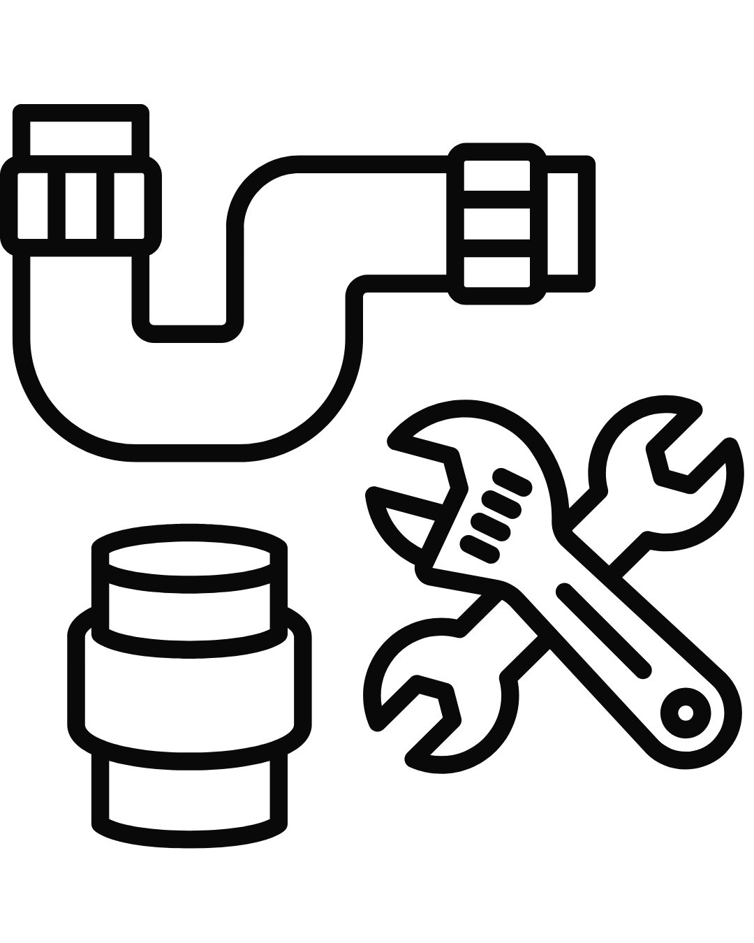 Line drawing of a plumbing pipe, a wrench and screwdriver crossed, and a pipe connector fitting.