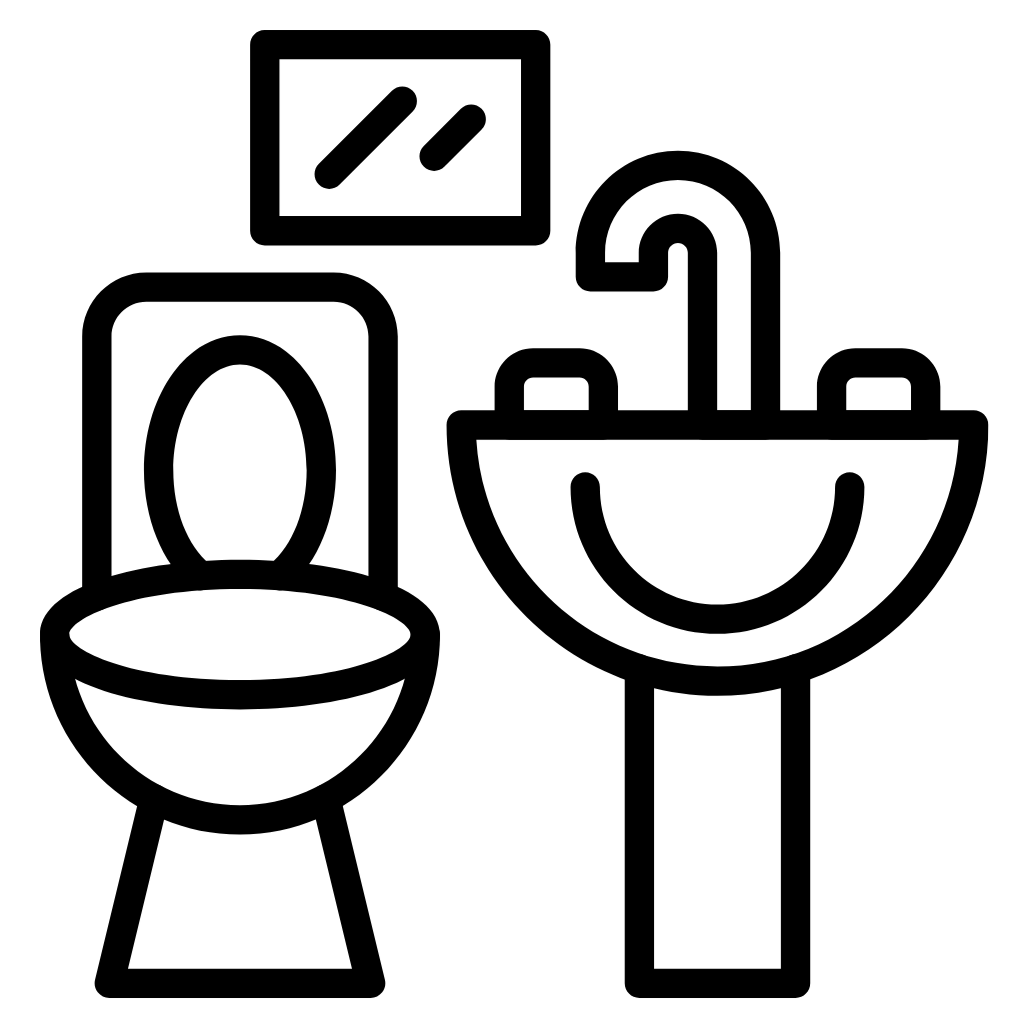 Outline drawing of a bathroom with a toilet, sink, and framed mirror.