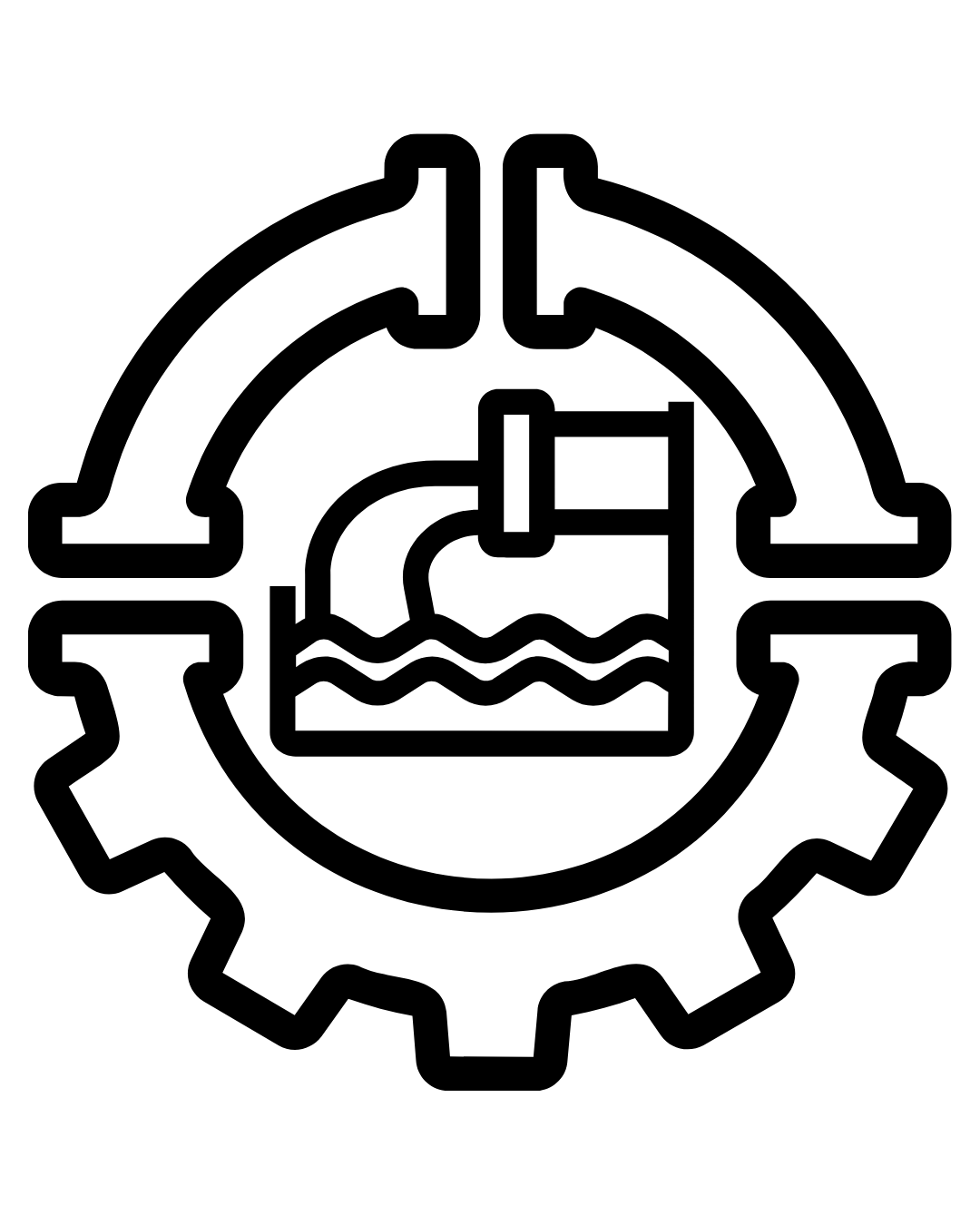 Outline icon of a water treatment or filtration system with a gear surrounding a water basin, pipe, and water waves.