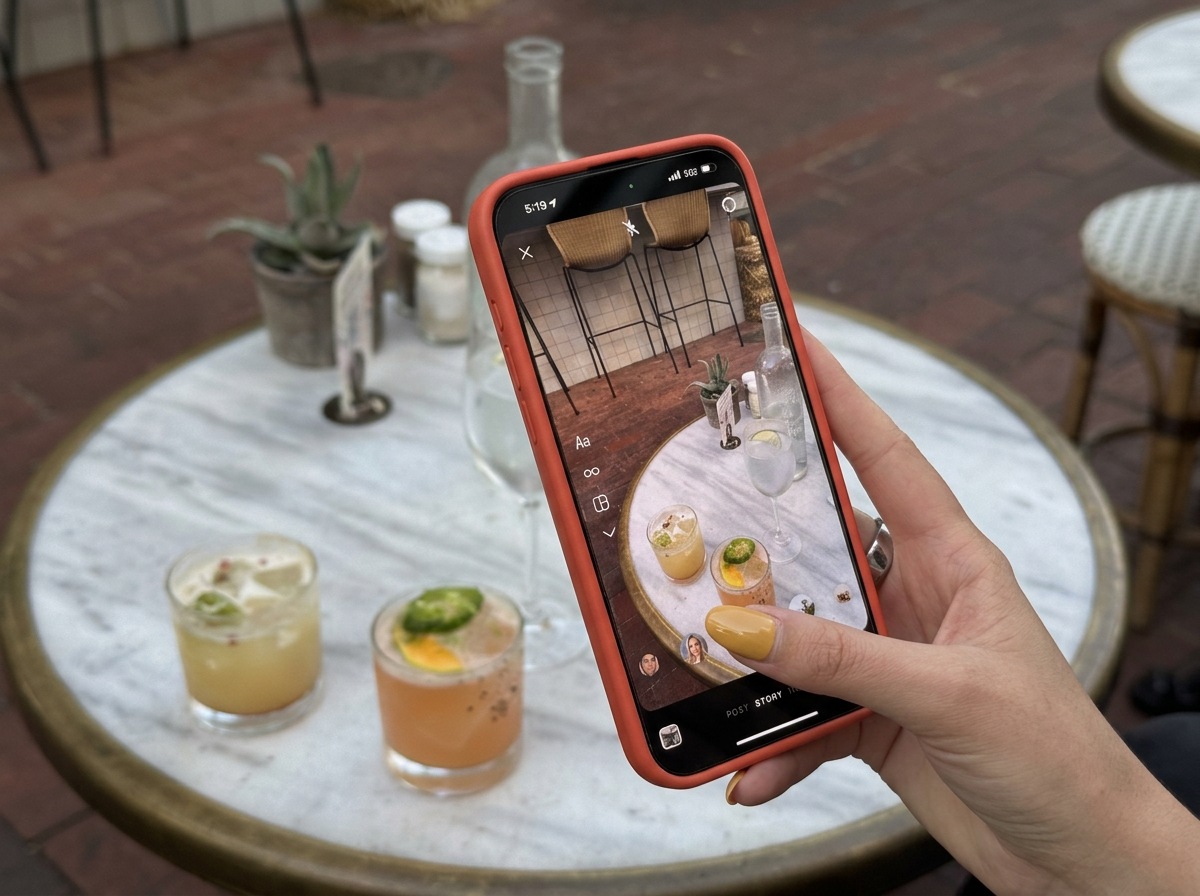 Close-up of a person taking a photo of a white marble table with three cocktails, plants, and bottles in an outdoor setting.