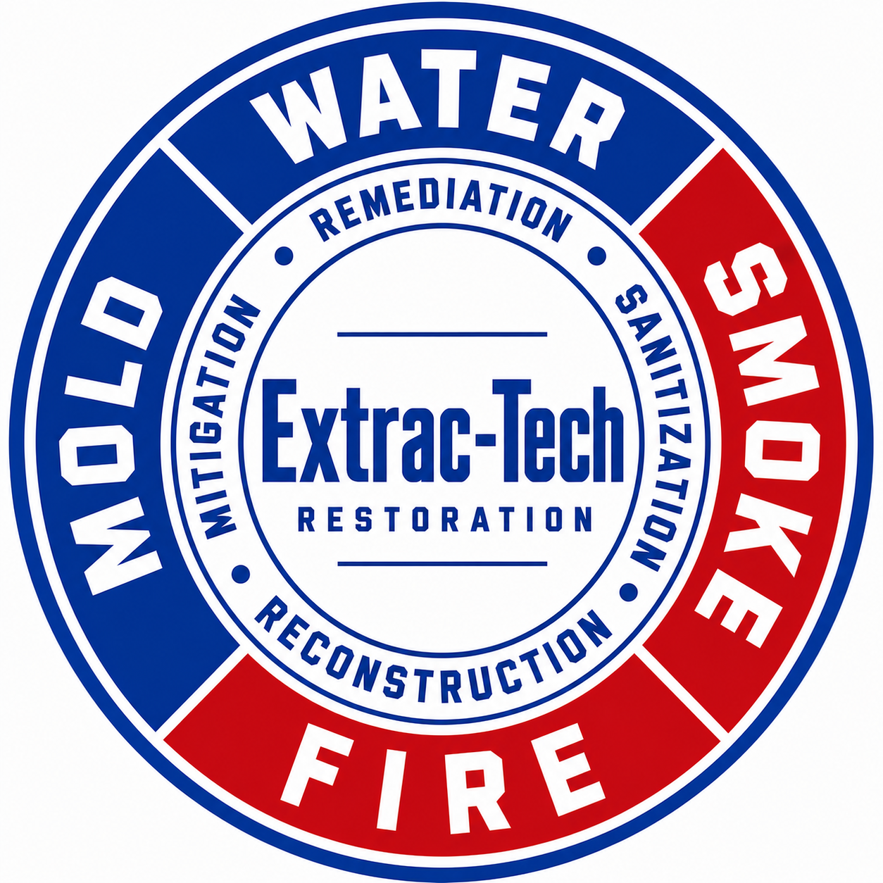 Seal for Extract-Tech featuring blue, red, and white colors with words like water, smoke, fire, and remediation, water, ozone, reclamation, and restoration.