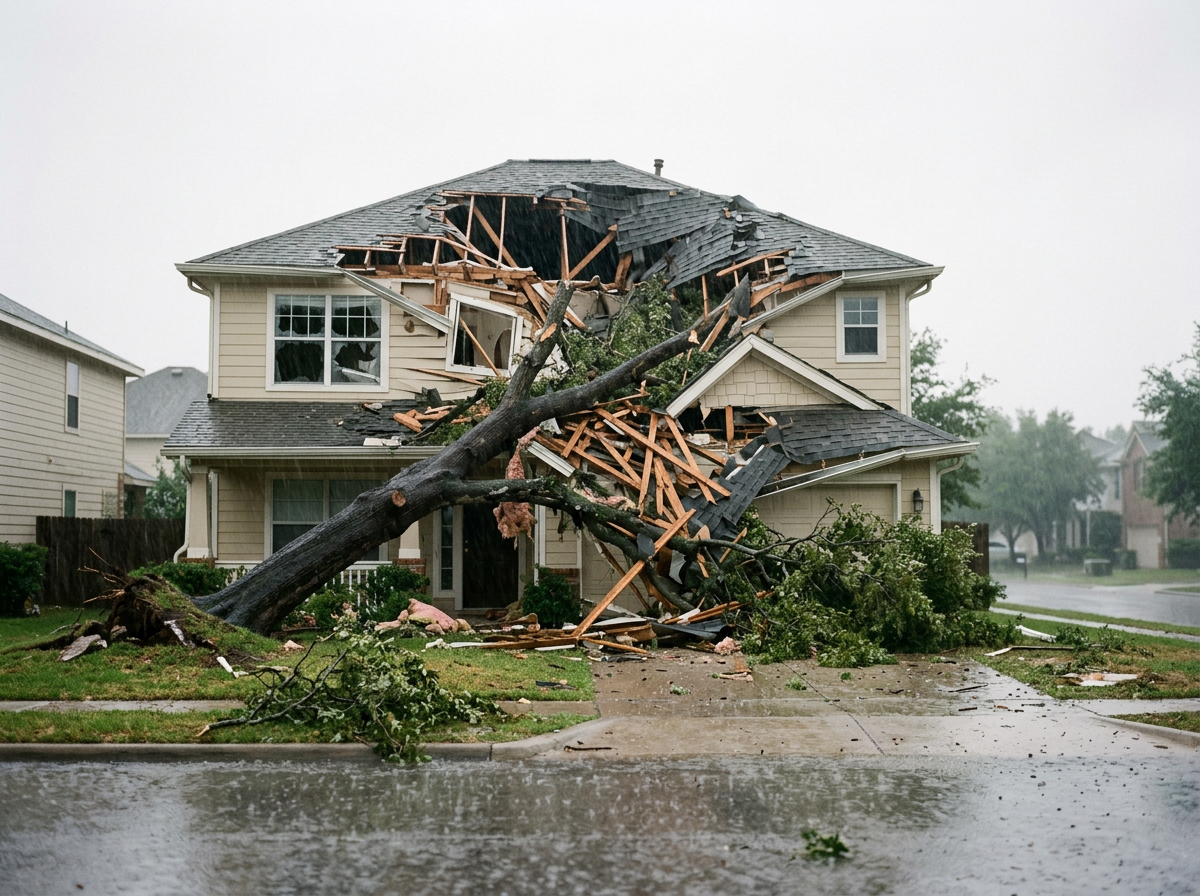 House with a large fallen tree on the roof and in the yard from a storm.