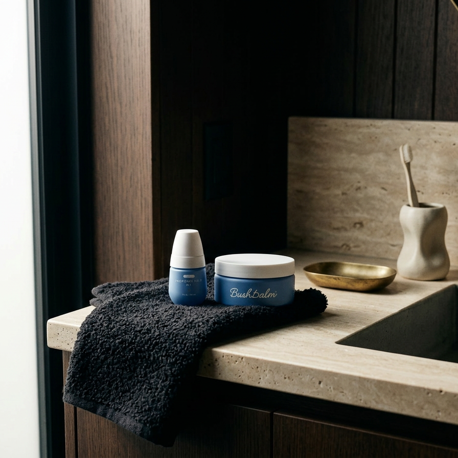 A bathroom countertop with skincare products, a black towel, a brass dish, and a ceramic toothbrush holder with a toothbrush inside
