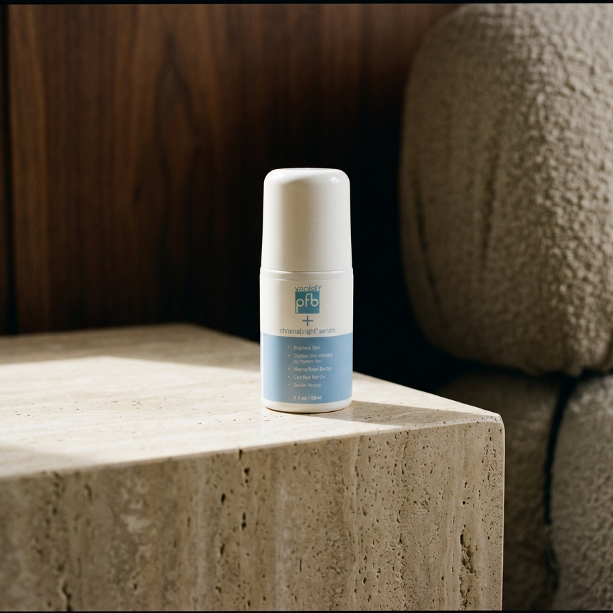 A white cylindrical spray bottle with blue and white label on a beige stone surface, against a wooden and textured beige background.