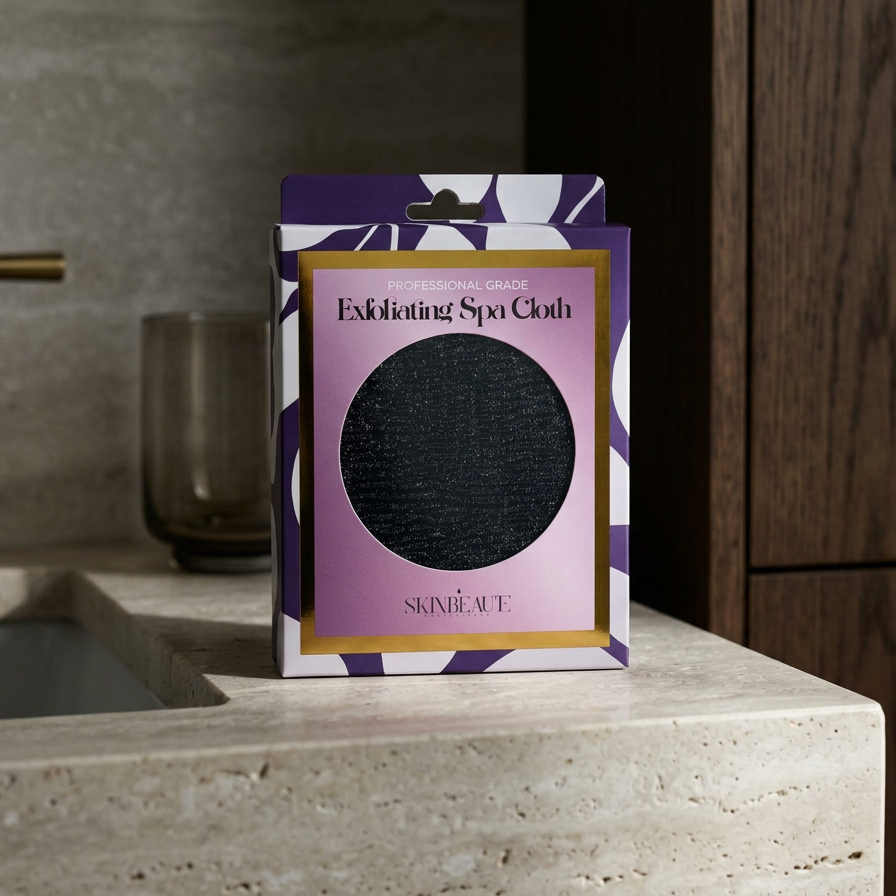 Package of exfoliating spa cloth by SkinBeaute on a kitchen counter, with a dark drinking glass and wooden cabinet in the background.