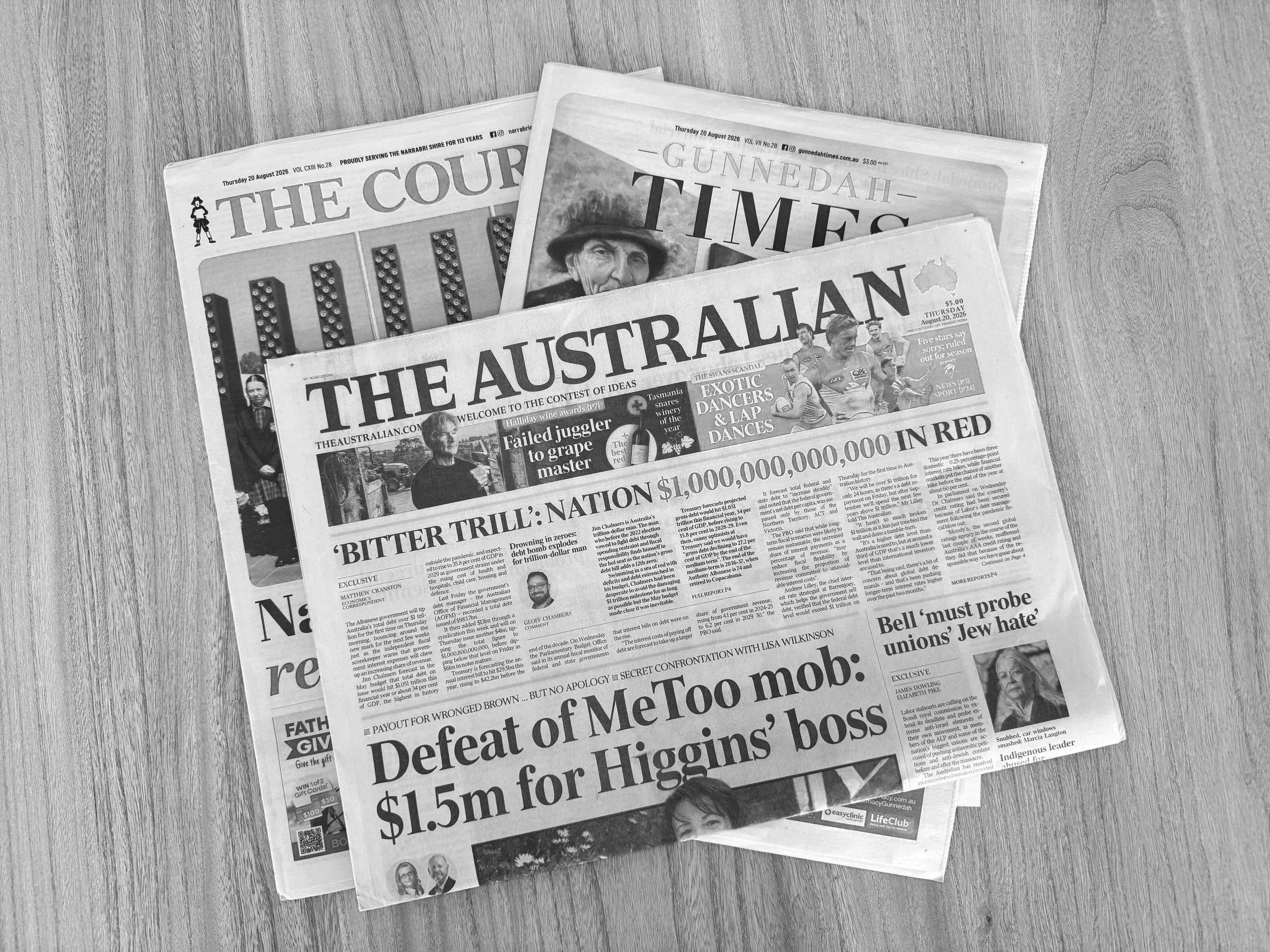 A black-and-white photo of a few newspapers, including 'The Australian', 'The Courier', and 'Gunnedah Times', spread out on a wooden surface.