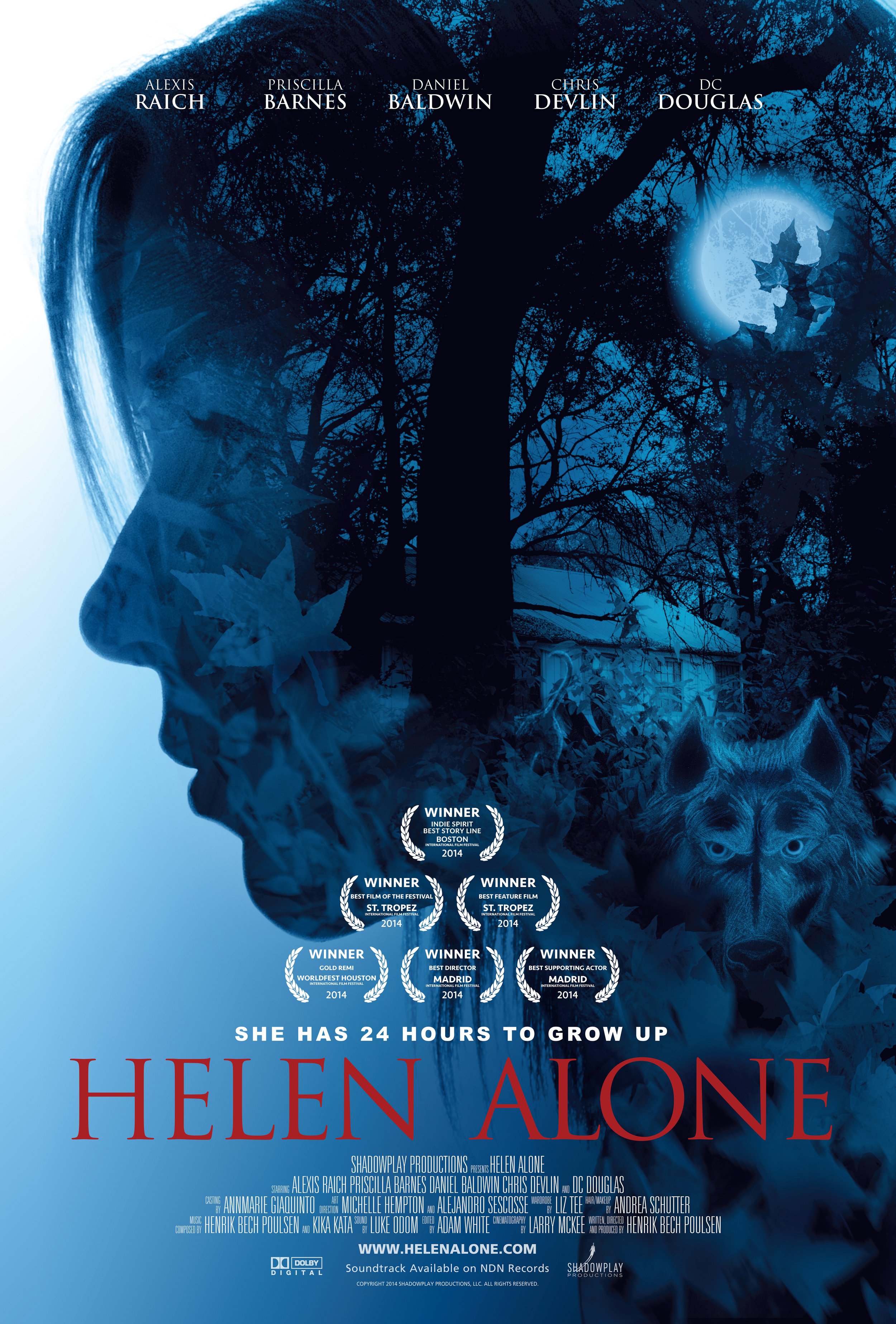 Promotional poster for the film "Helen Alone" featuring a profile of a woman with long hair, a silhouetted tree, a full moon, a cat, and awards and accolades. The tagline reads "She has 24 hours to grow up."