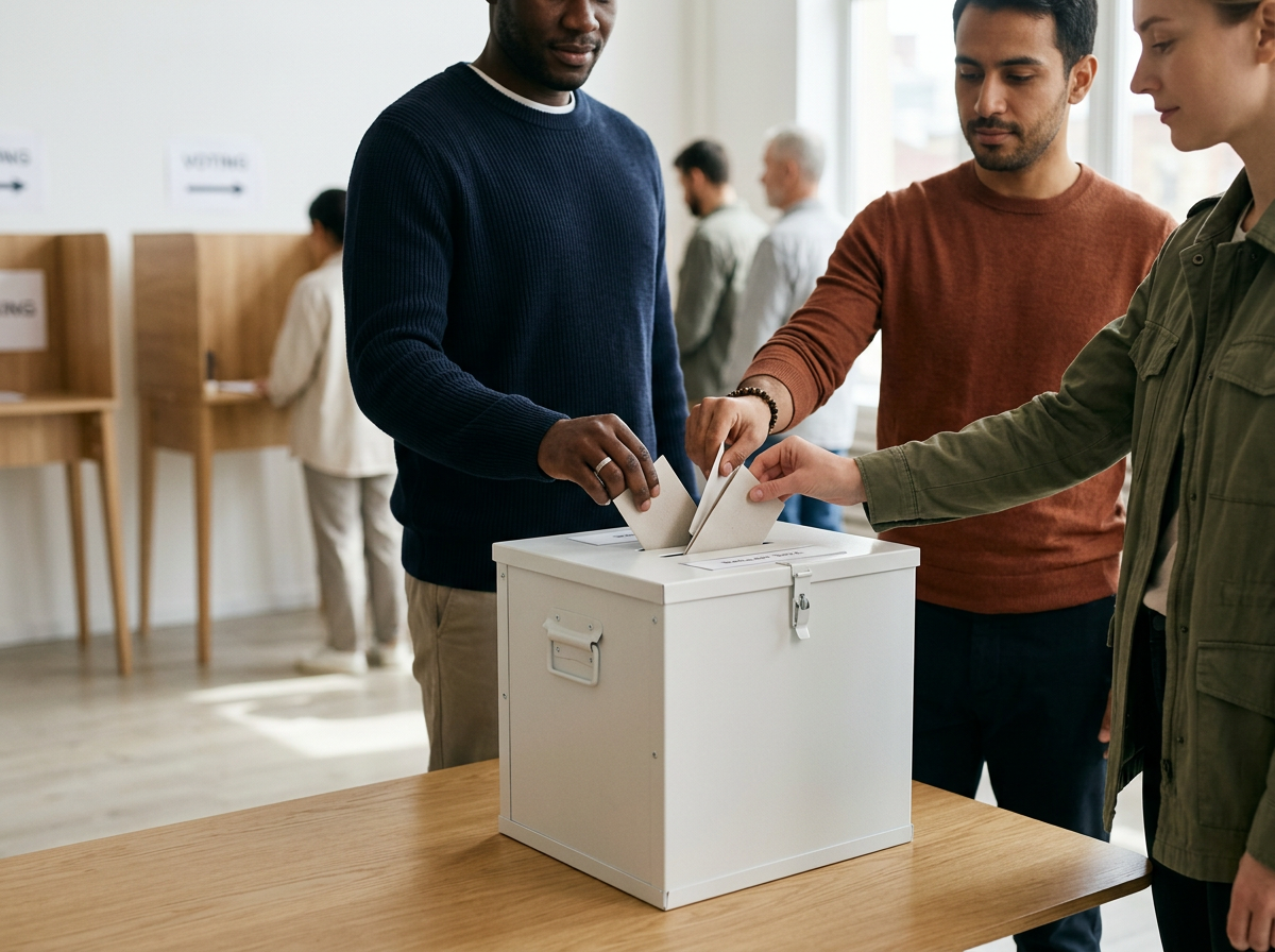 Three people voting and placing ballots into a white ballot box in a voting center.