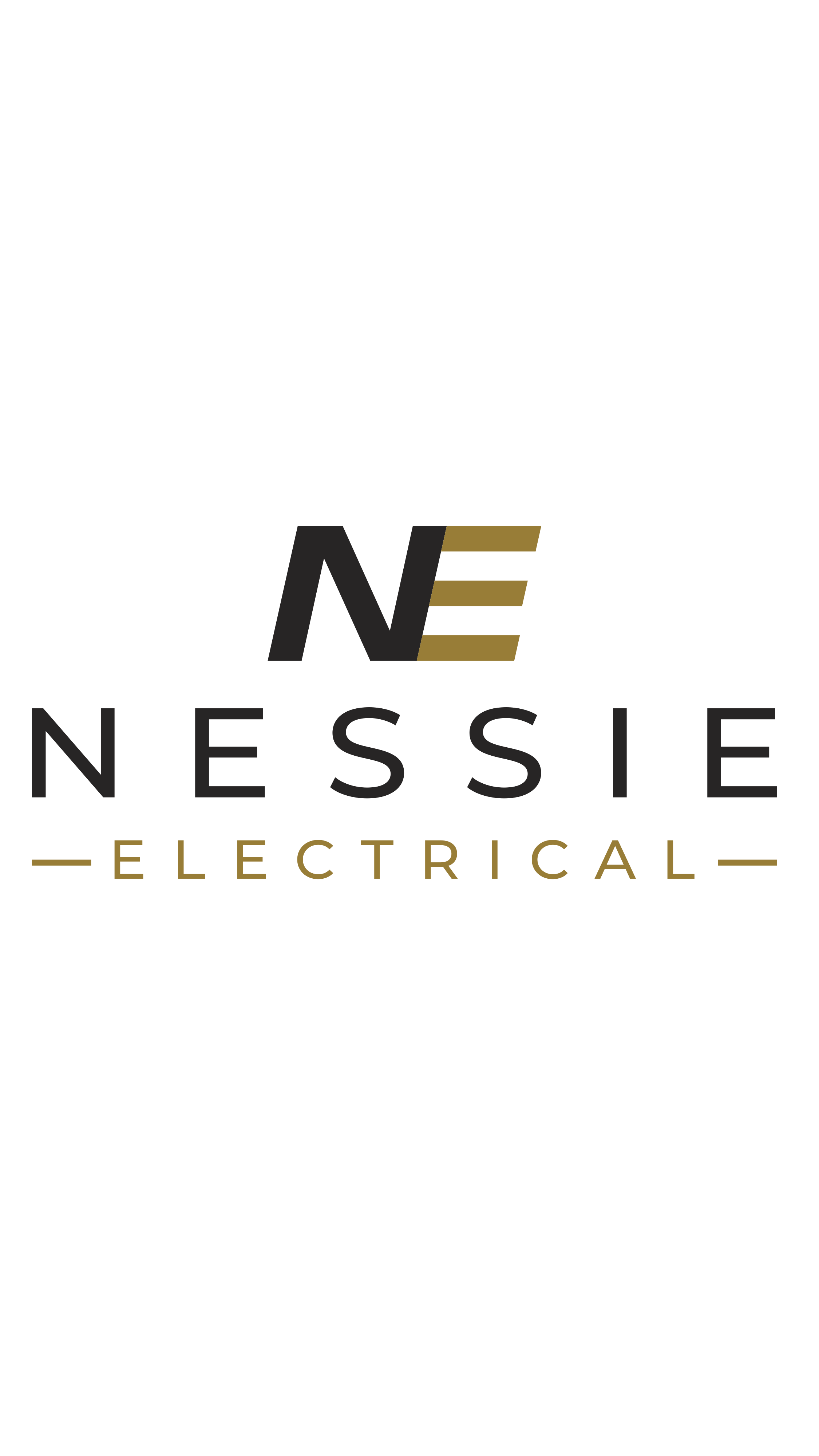 Logo of Nessie Electrical with a stylized black and gold letter N and the text 'Nessie Electrical' in black and gold.