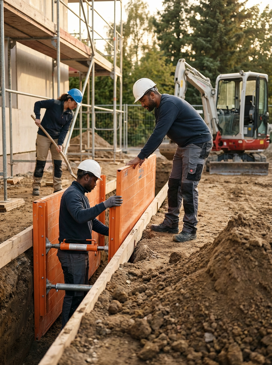 Construction workers installing orange wall panels on a building site during daylight, with a woman shoveling dirt and a small excavator in the background.