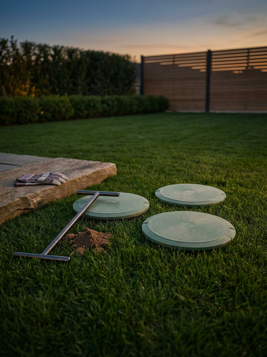 Lawn with three green circular covers, a T-shaped tool, a small pile of dirt, and a cloth on a stone surface, with a backyard fence and trees in the background during sunset.