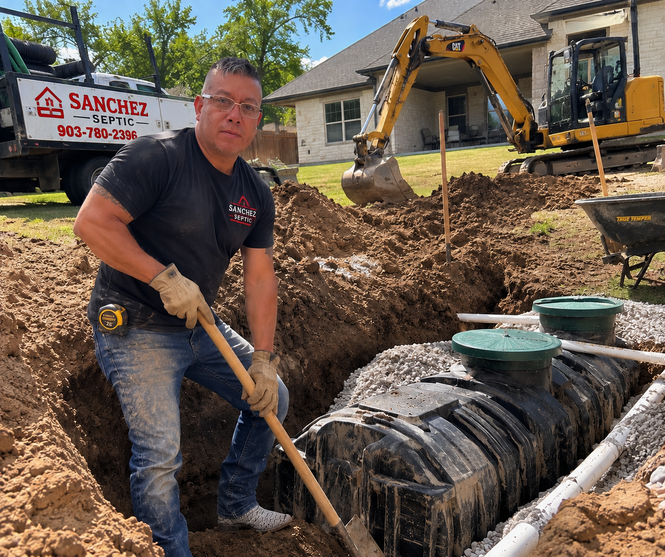 A man wearing a black Sanchez Septic T-shirt and beige gloves is digging a trench in a backyard during daytime, with a yellow excavator and a septic tank being installed. There is a truck marked Sanchez Septic in the background and a house with a lawn.