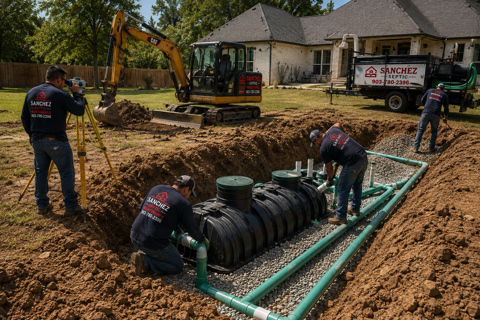Construction workers installing an underground septic tank system in a residential backyard, with a small excavator and a truck labeled 'Sanchez Septic' nearby.