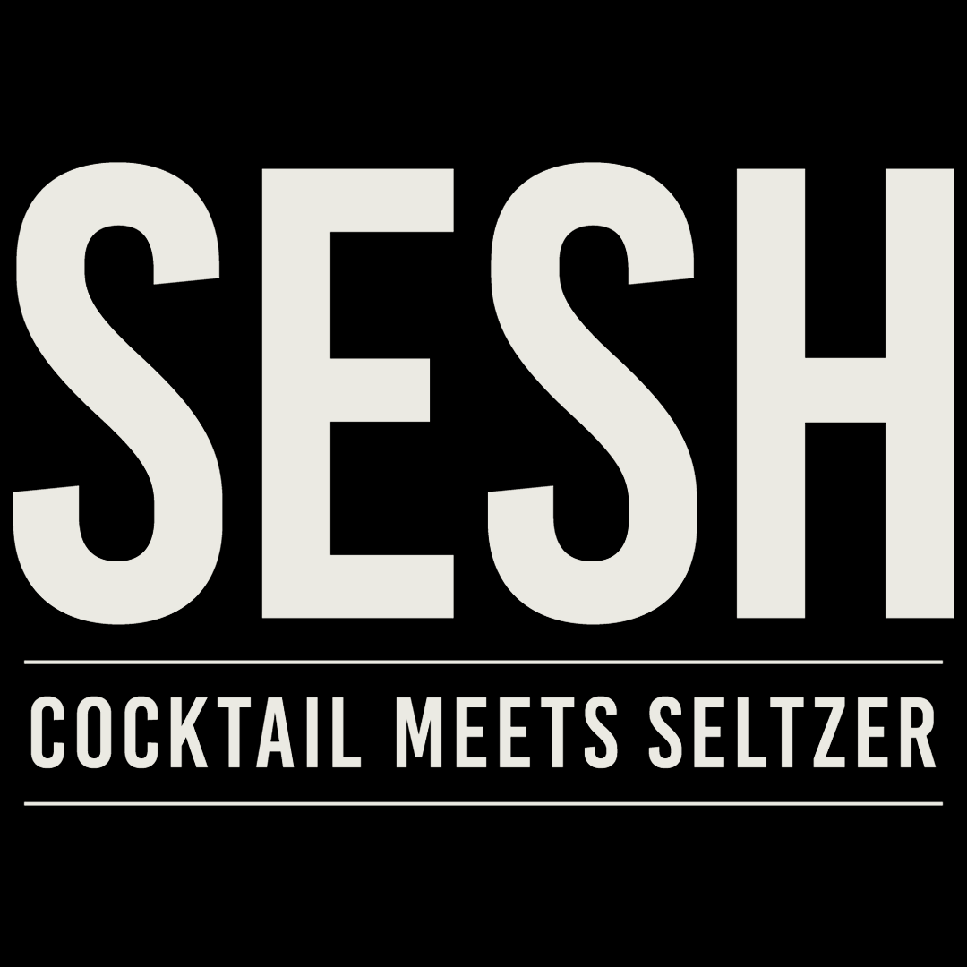 Bold black and white logo with the word 'SESH' and the phrase 'Cocktail meets seltzer'