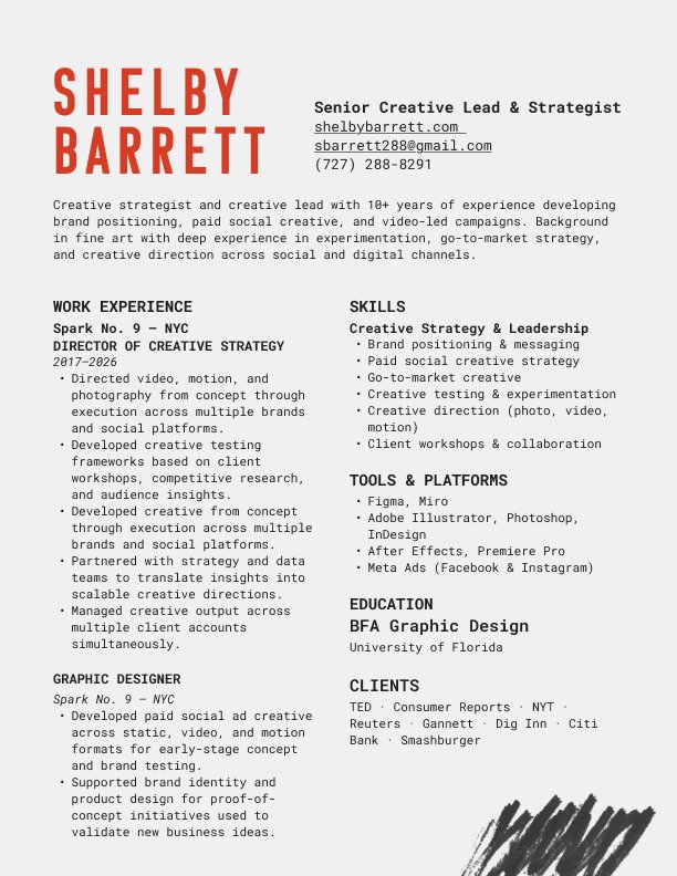 A professional resume with red and black text on a gray background. The name Shelby Barrett is prominent in red, with contact details, skills, work experience, education, and clients listed in black. A black scribble is at the bottom right corner.