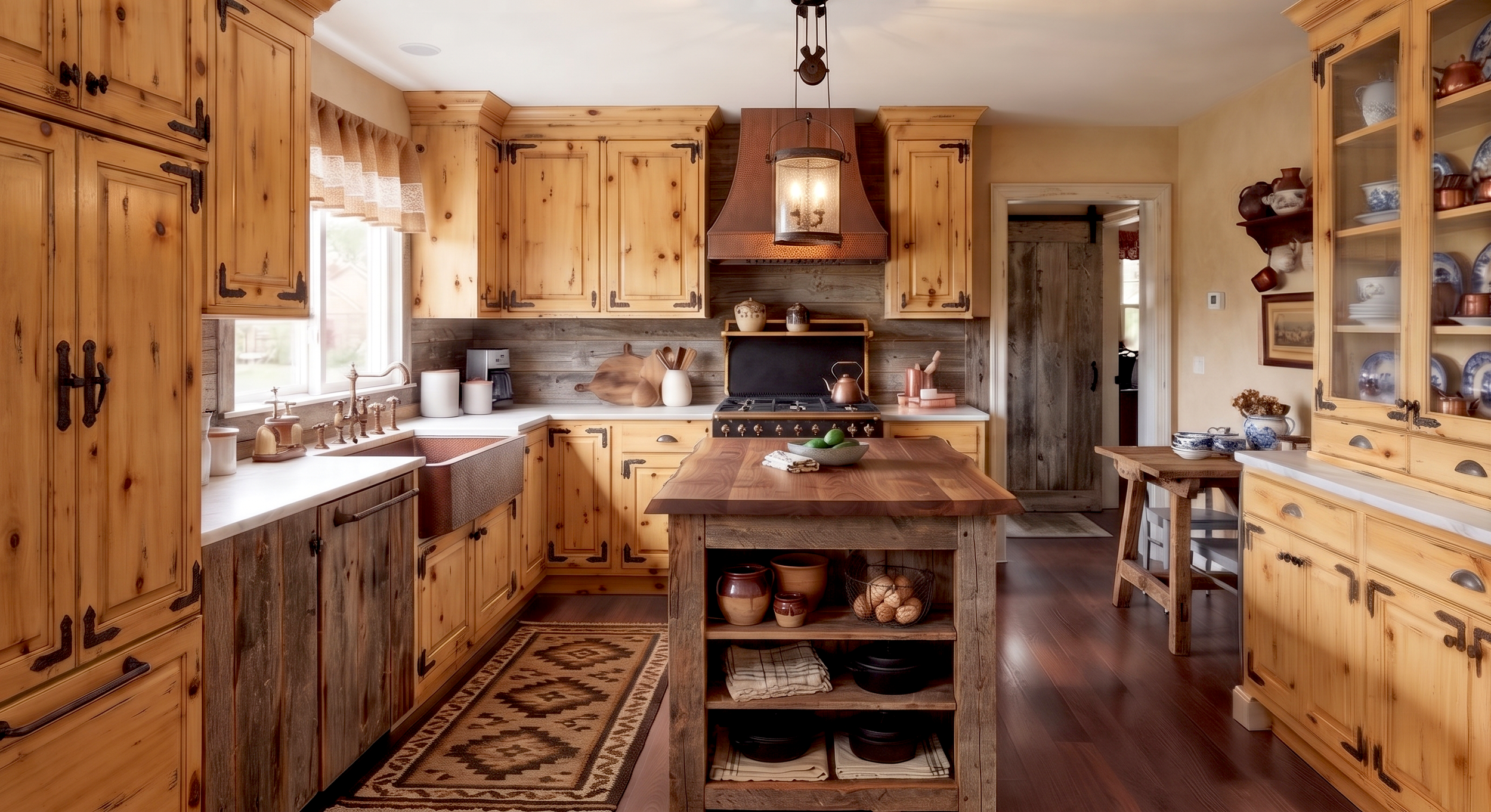  FARMHOUSE / RUSTIC  A stable, widely recognized style driven by apron-front sinks, open wood shelving, and cozy textures.