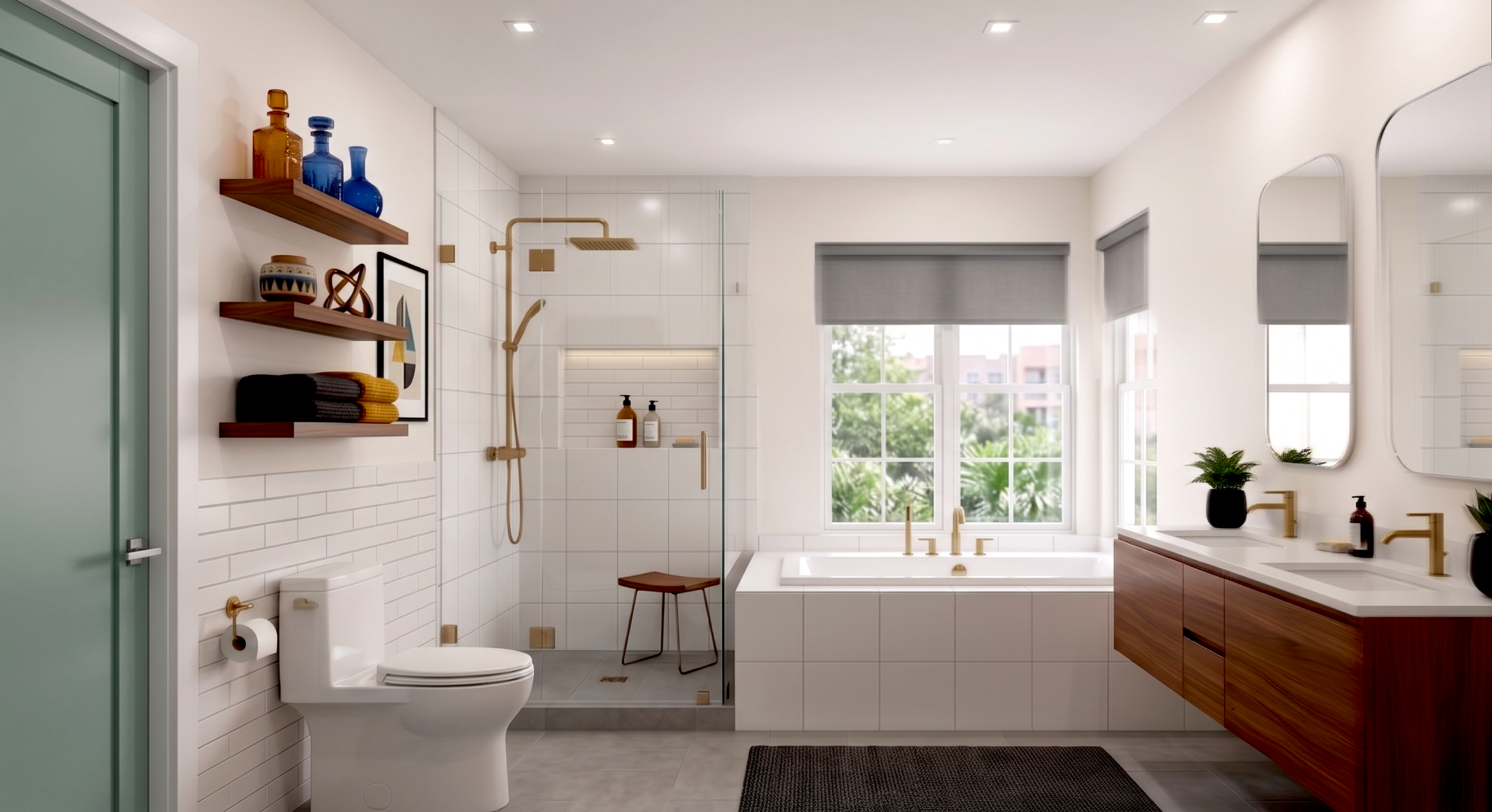  MID-CENTURY MODERN  A popular nostalgic look characterized by modern teak vanities, brass hardware, and playful neutral floors.