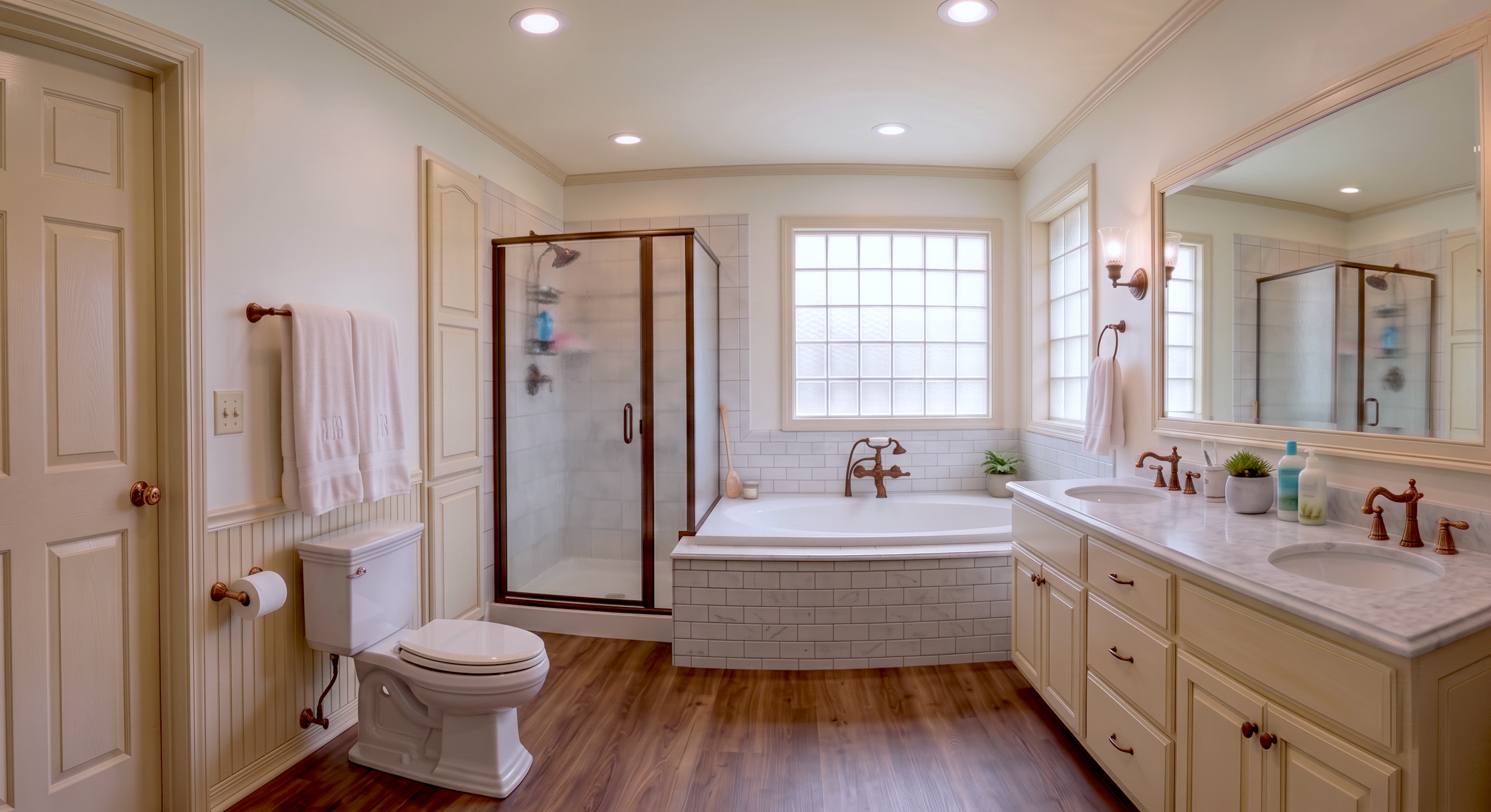  TRANDITIONAL  A staple for elegant upgrades, defined by ornate mirrors, alcove tubs, and timeless tiling.