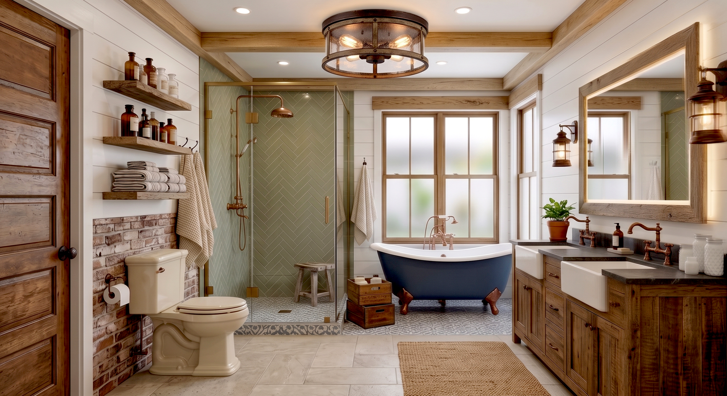  FARMHOUSE / RUSTIC  A reliable favorite anchored by Farmhouse sinks, wainscoting, and rustic metal plumbing fixtures.