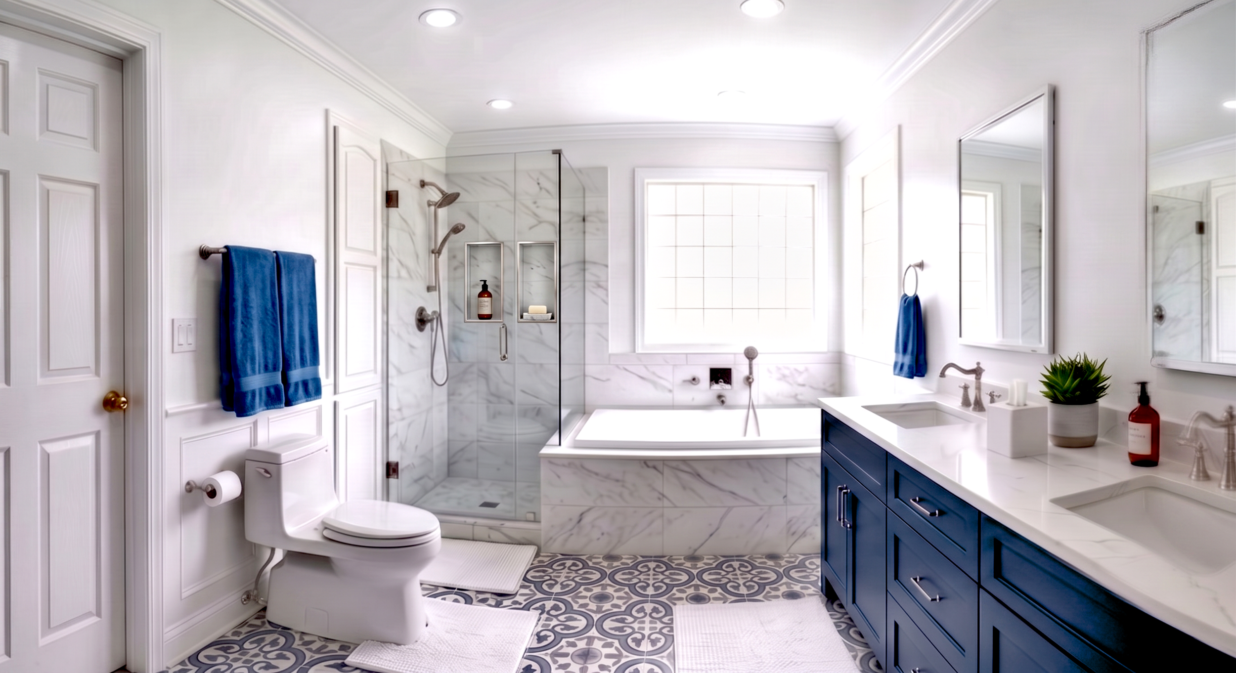  TRANSITIONAL  The top choice for broad appeal, seamlessly mixing classic  tubs with contemporary, clean-lined vanities.
