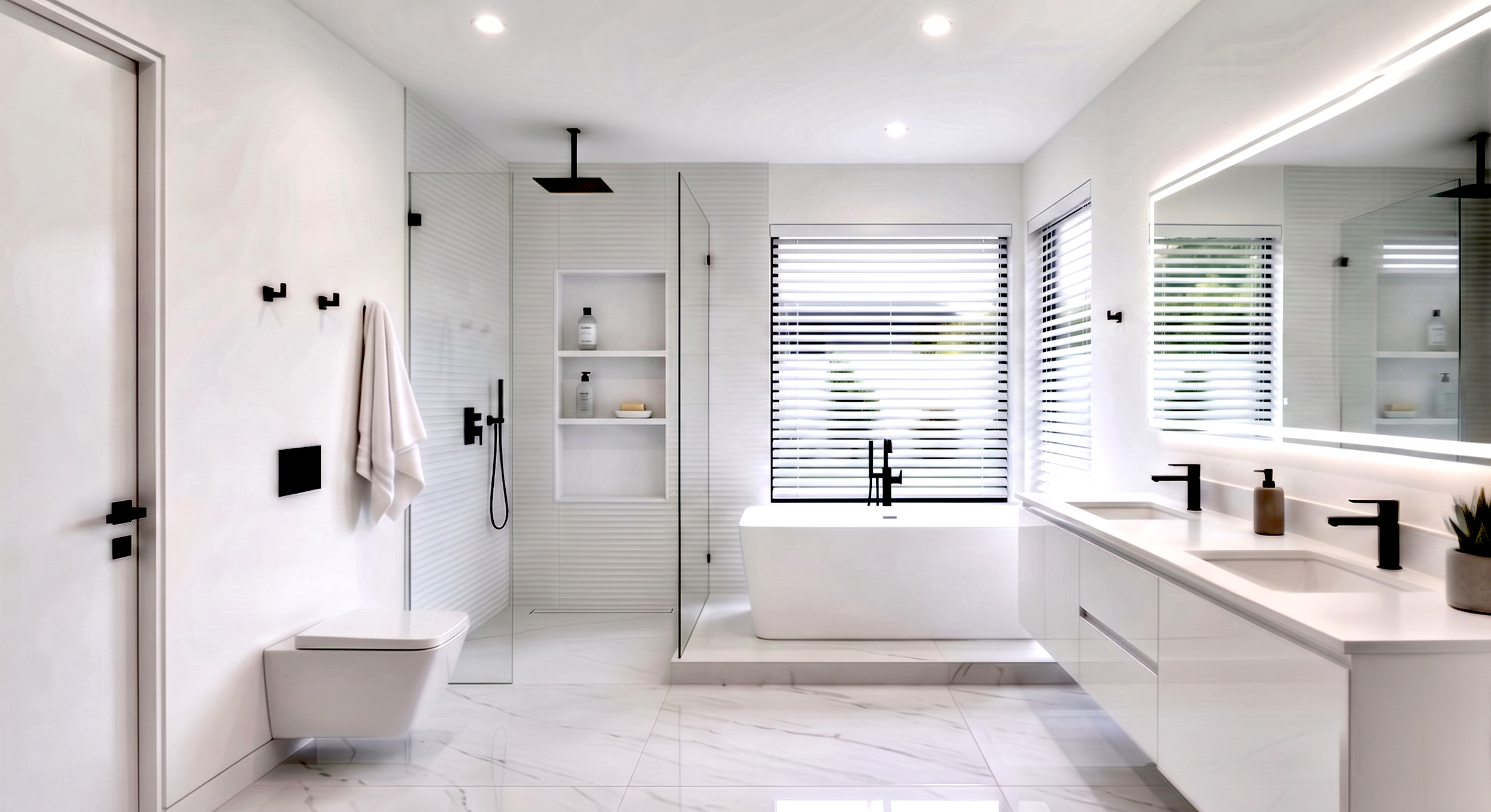  MODERN / MINIMALIST  Highly sought after for its spa-like simplicity, driven by floating vanities and seamless frameless glass showers.