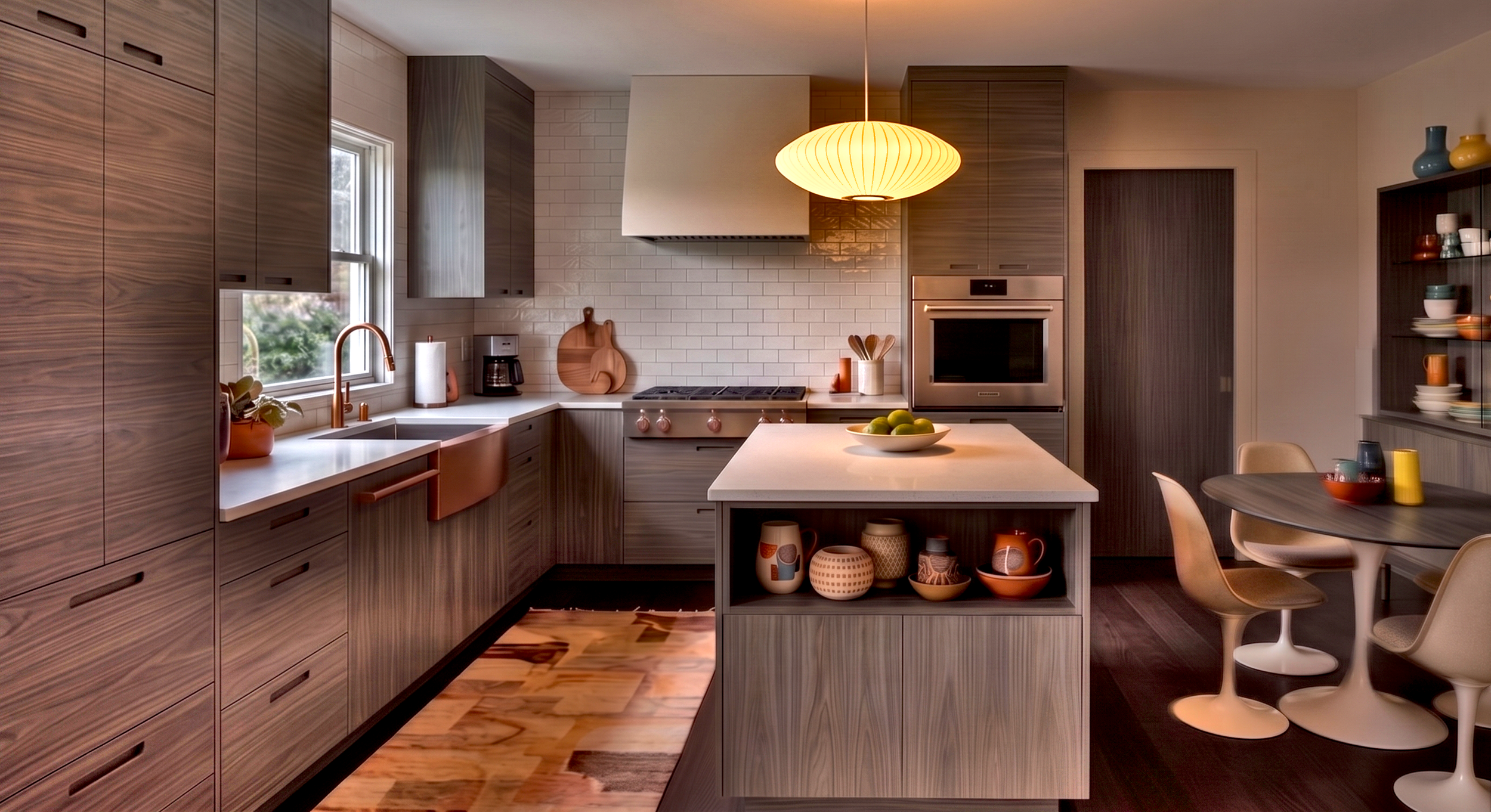  MID-CENTURY MODERN  Remains a strong retro favorite featuring warm walnut or oak woods and bold geometric tiles.