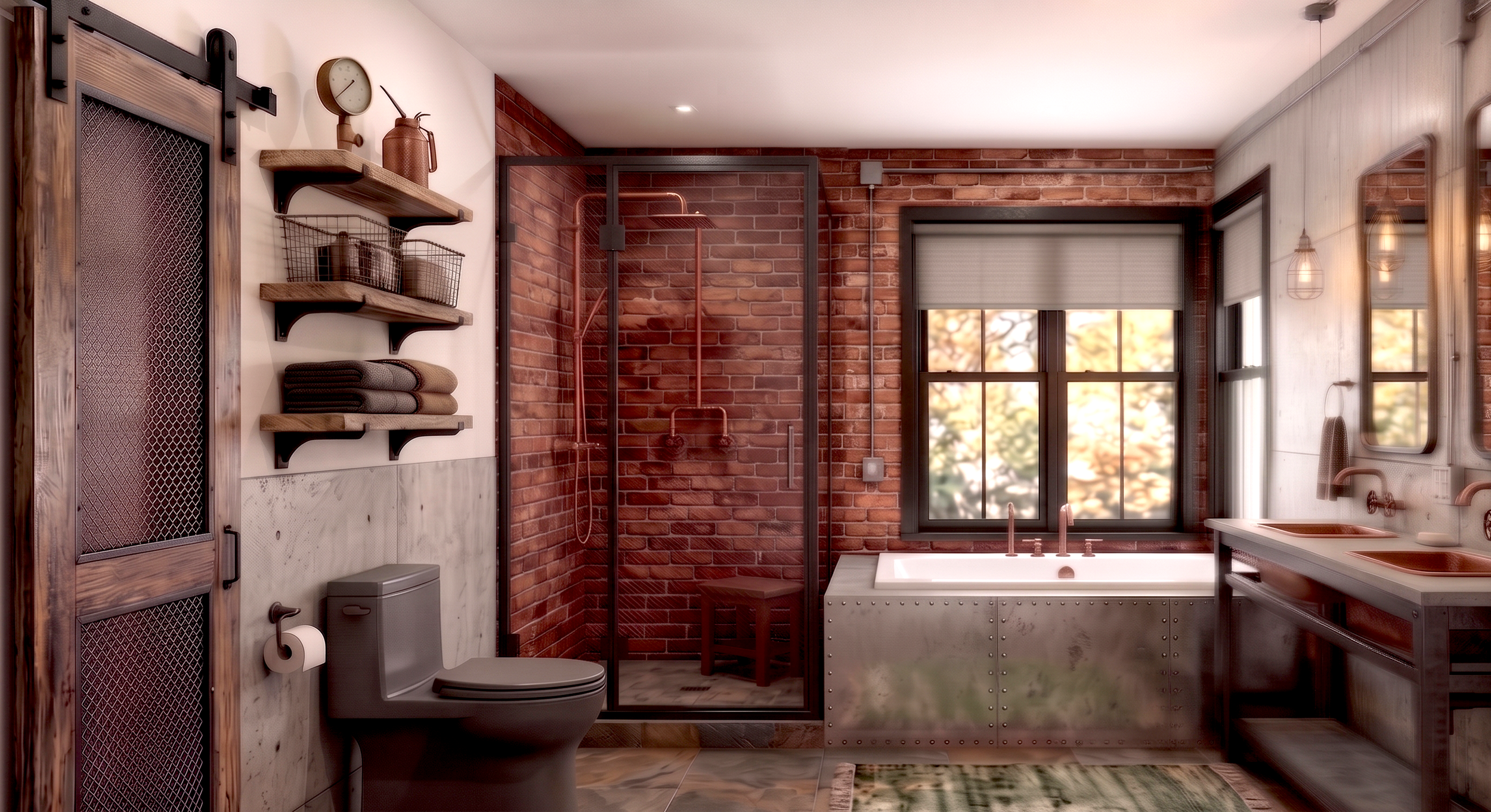  INDUSTRIAL  A bold, niche look defined by black metal-framed shower doors, exposed piping, and brick-look finishes.