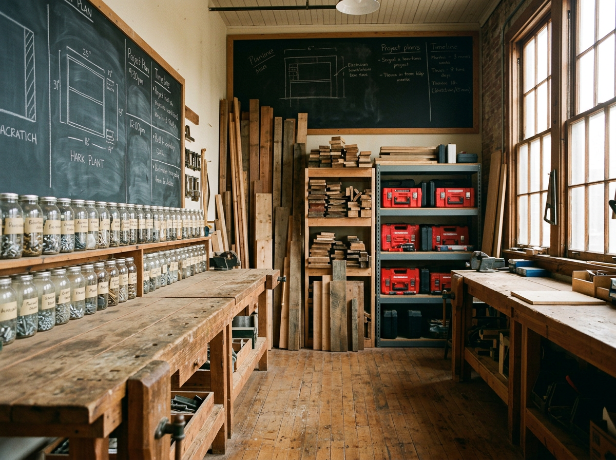 A woodworking workshop with wooden workbenches, shelves filled with red toolboxes, various pieces of wood, and jars of hardware. chalkboards on the wall display project plans and measurements. Natural light from large windows illuminates the space.