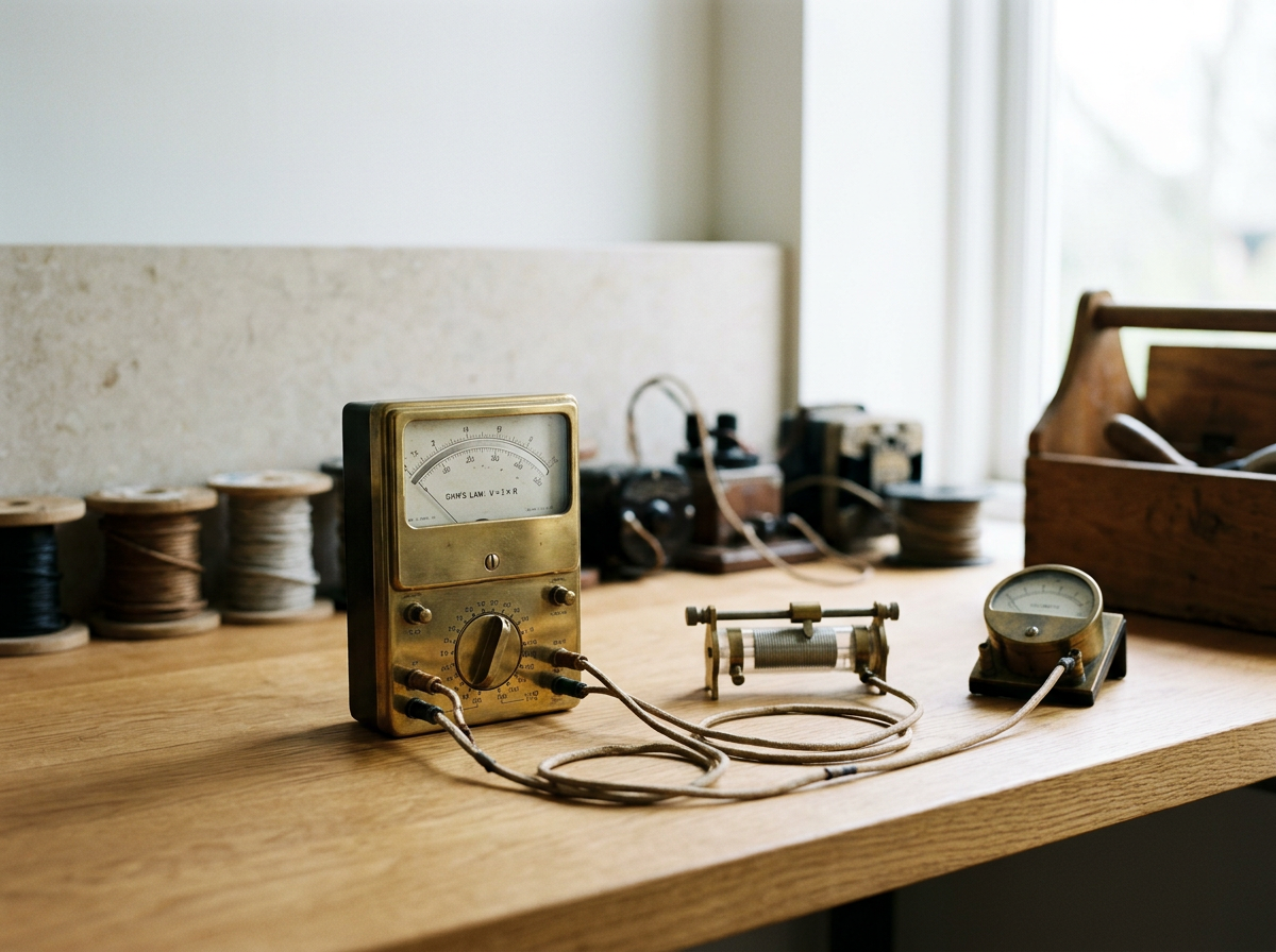 Vintage electromechanical measuring instruments on a wooden desk, including a meter with a needle gauge, a coil, and a round meter, with spools of thread in the background near a window.