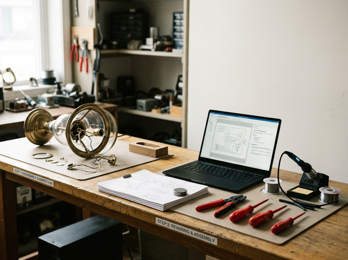 Workstation with tools and electronic components, including a disassembled mechanical device, a laptop with a circuit diagram, and various screwdrivers and soldering tools. Shelves with electronics parts are in the background.
