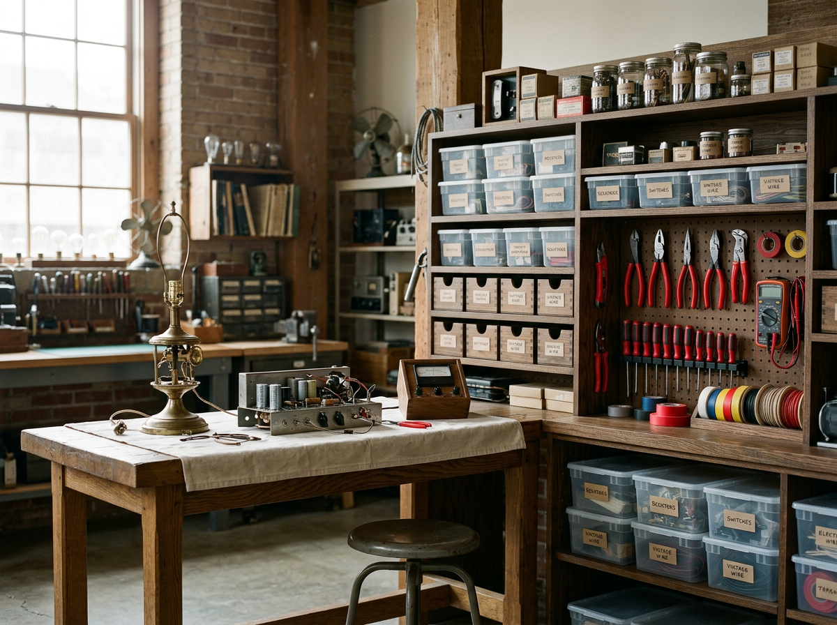 A workshop with wooden shelves filled with labeled boxes, jars, and tools such as pliers, screwdrivers, and a multimeter. A table in the foreground holds various electrical components and equipment, with a vintage lamp, small electronic devices, and a stool.