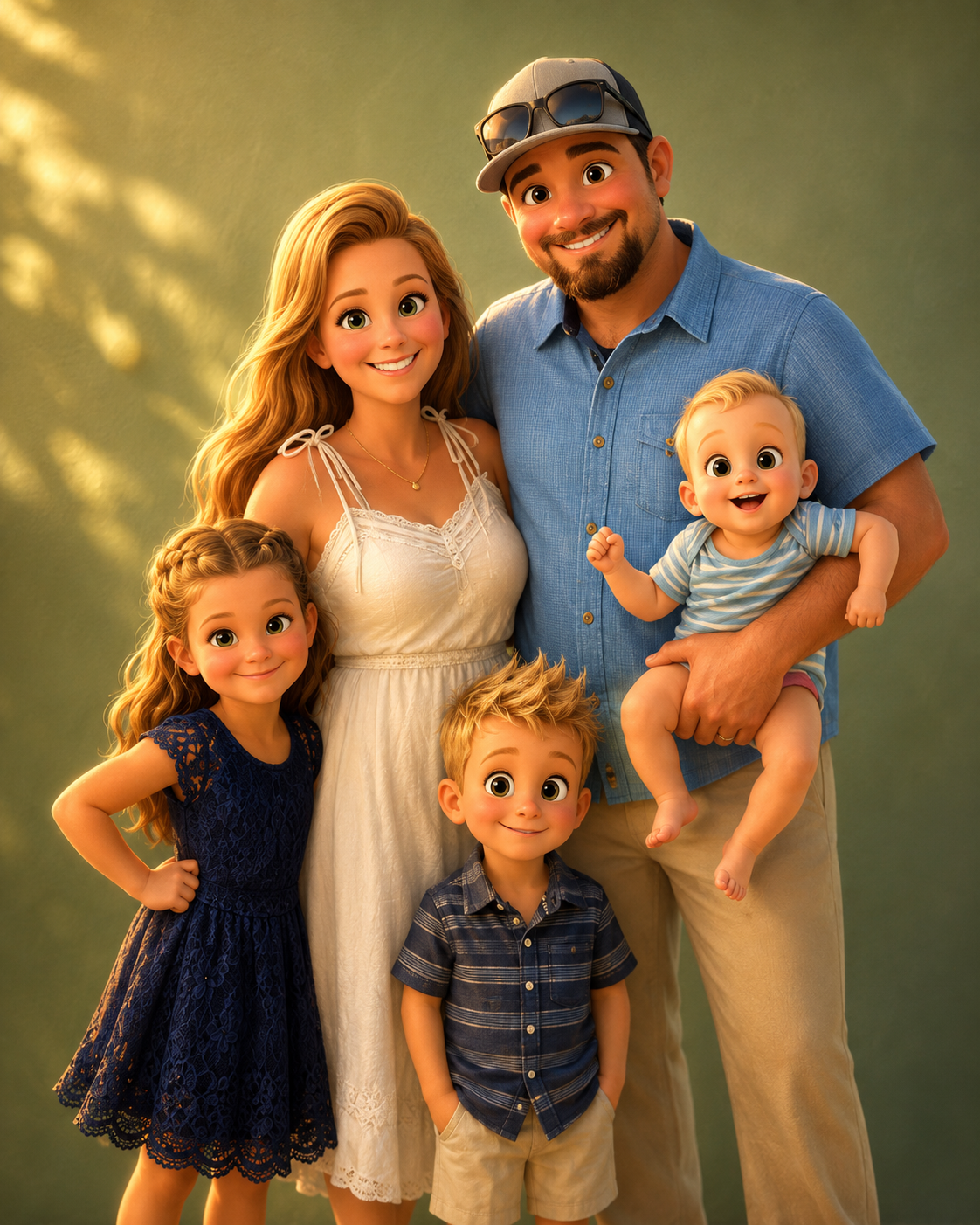 A cartoon family portrait of six people with exaggerated facial features and large eyes, including a man, a woman, and four children, smiling and standing close together against a green background with dappled sunlight.