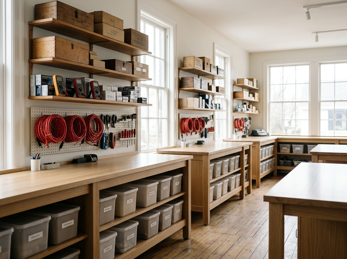 A well-organized workshop with wooden shelves and workbenches, containing labeled storage bins, red hoses, and tools, illuminated by large windows.