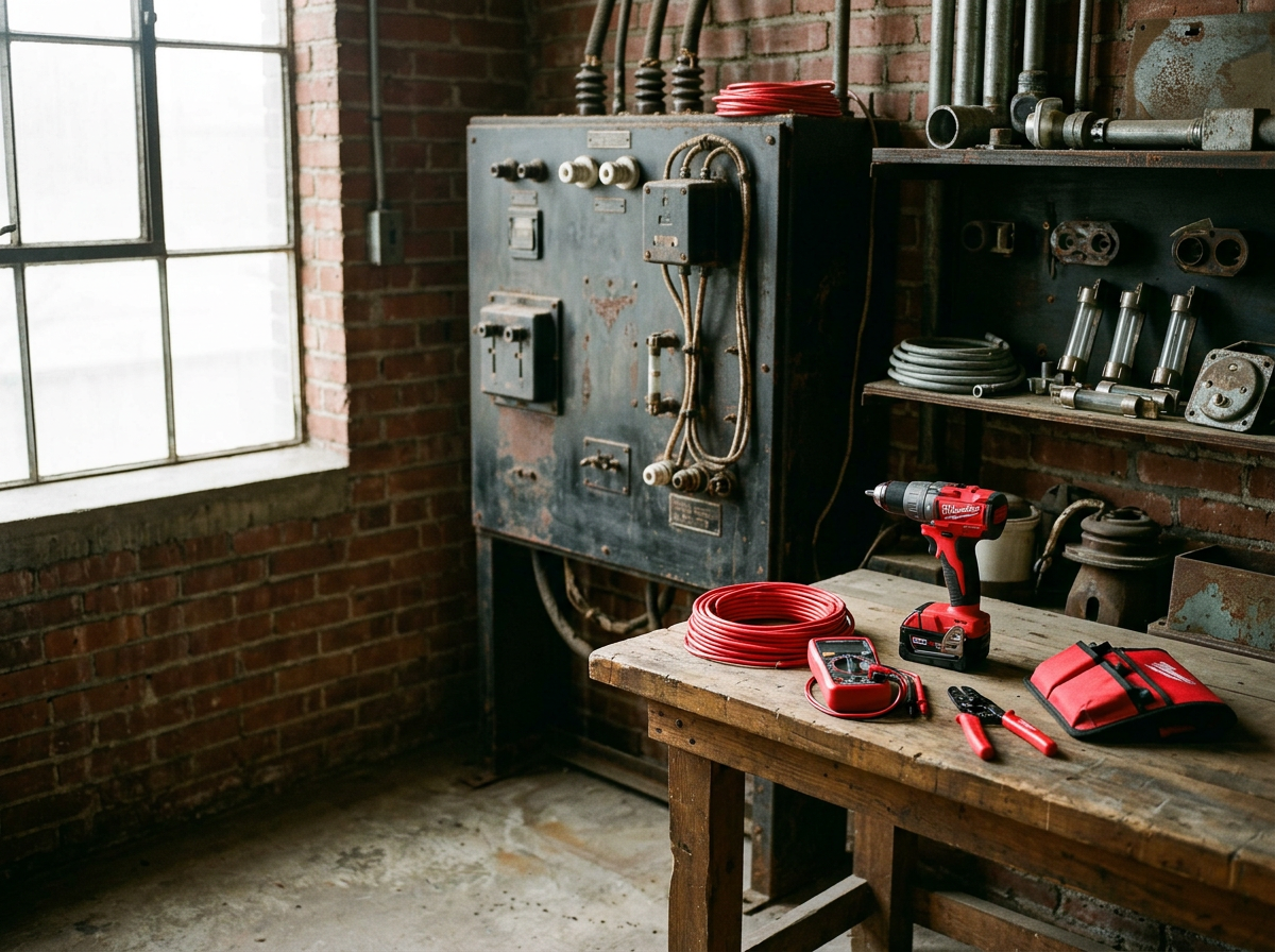 Red and black cordless drill, digital multimeter, red extension cord, and tool pouch on a wooden workbench in a workshop with brick walls and metal shelves holding various tools and equipment.