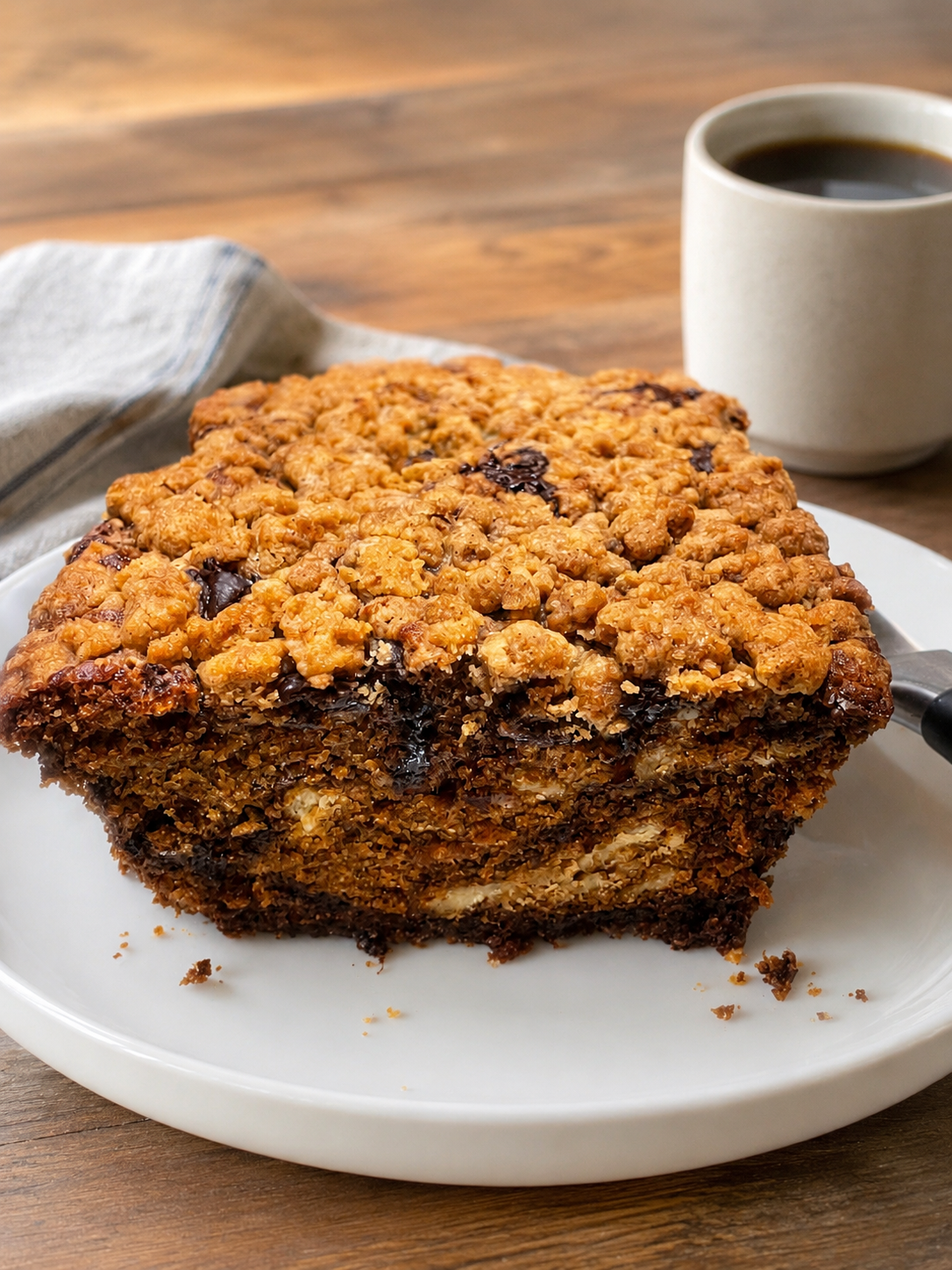 Slice of apple crumble pie on a white plate with a cup of coffee in the background.