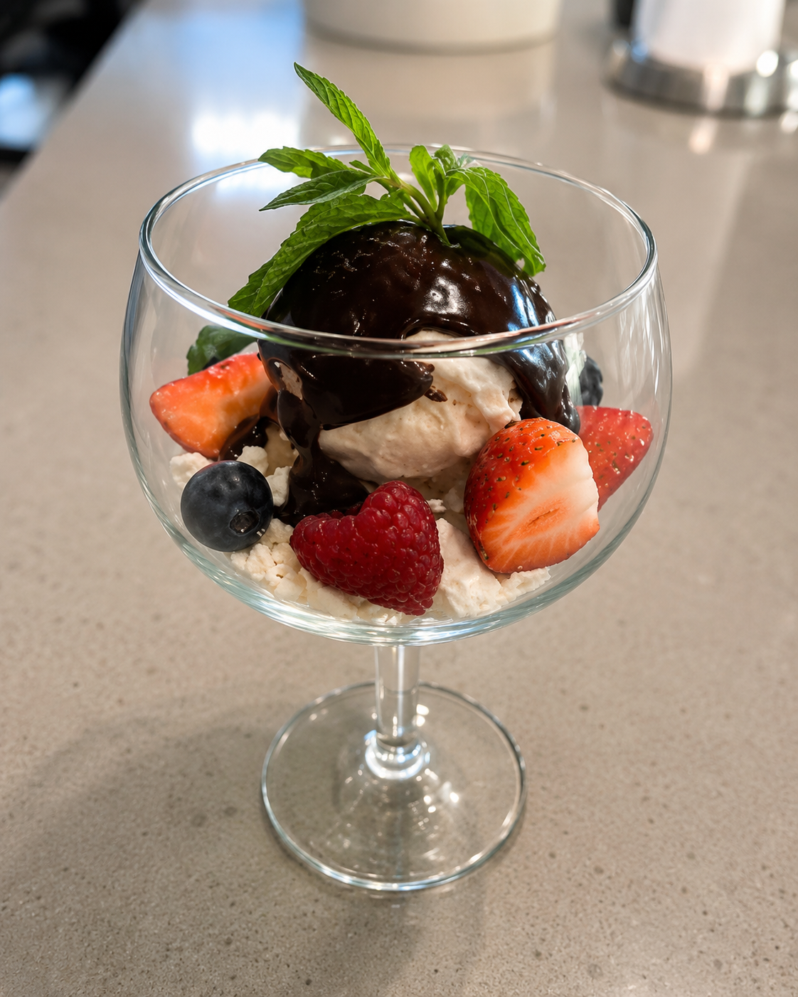 Dessert featuring a scoop of vanilla ice cream topped with chocolate syrup, fresh strawberries, raspberries, blueberries, and mint leaves in a glass bowl.
