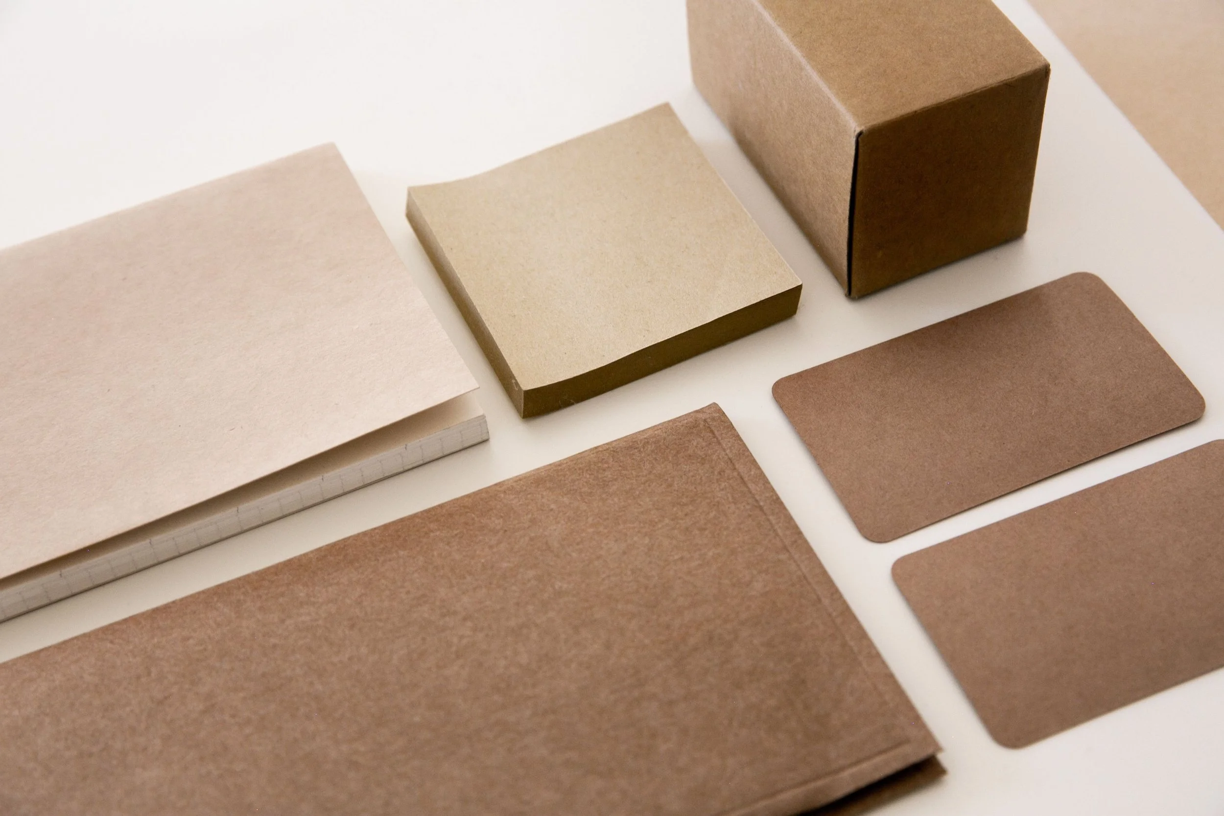 Various paper and cardboard swatches arranged on a white surface, including brown, beige, and textured samples.