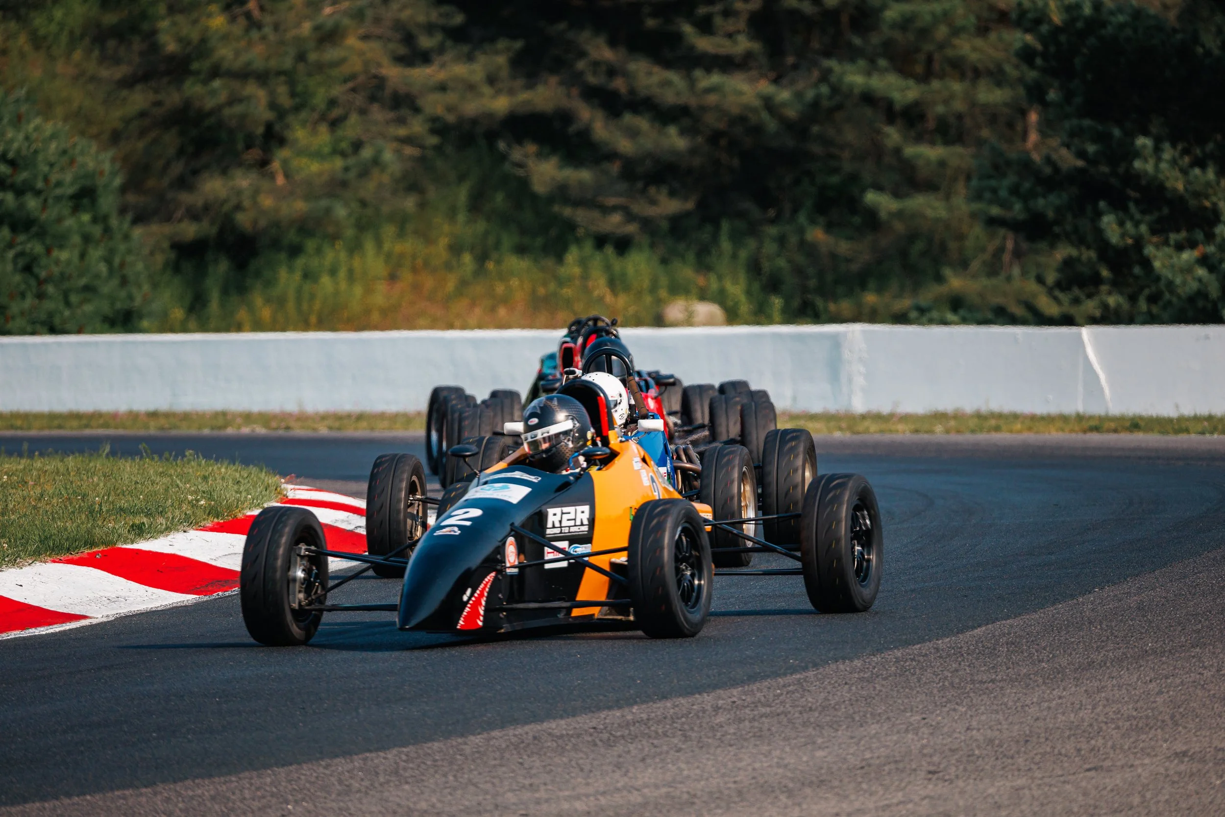 Race cars on a track navigating a turn, with a forest in the background.