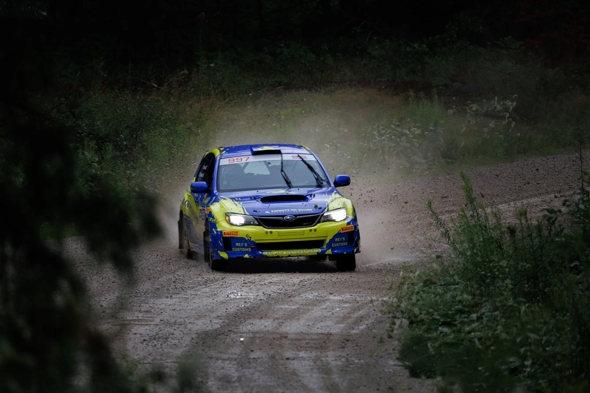 A blue and yellow rally car racing on a dusty dirt trail through a forest, kicking up dust and debris.
