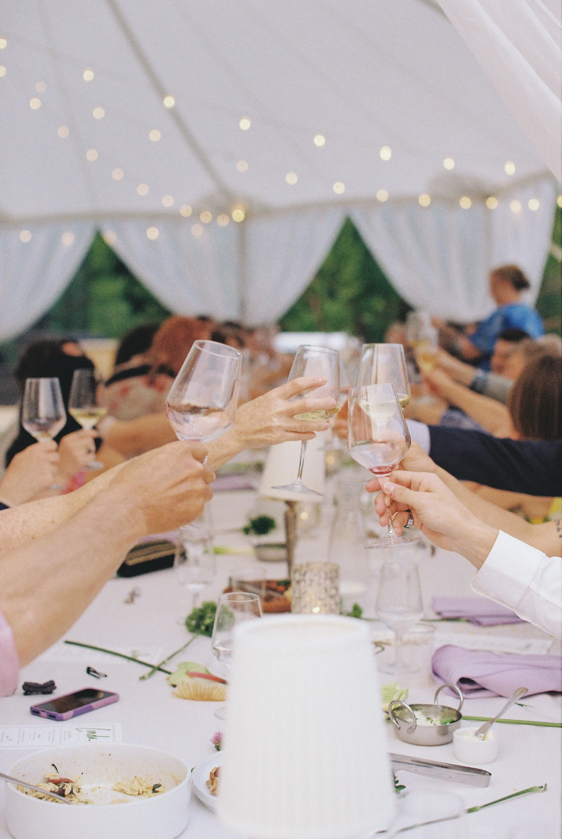 People raising wine glasses in a toast at a celebration or gathering, with a decorated table and string lights overhead.