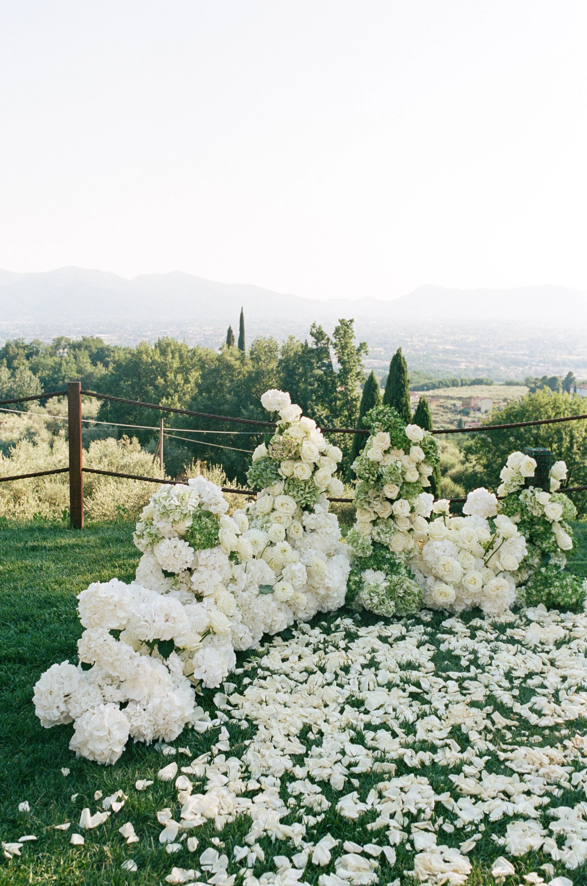 A scenic outdoor view with white flowers and petals on the grass, a rope fence, green trees, distant mountains, and a hazy sky.