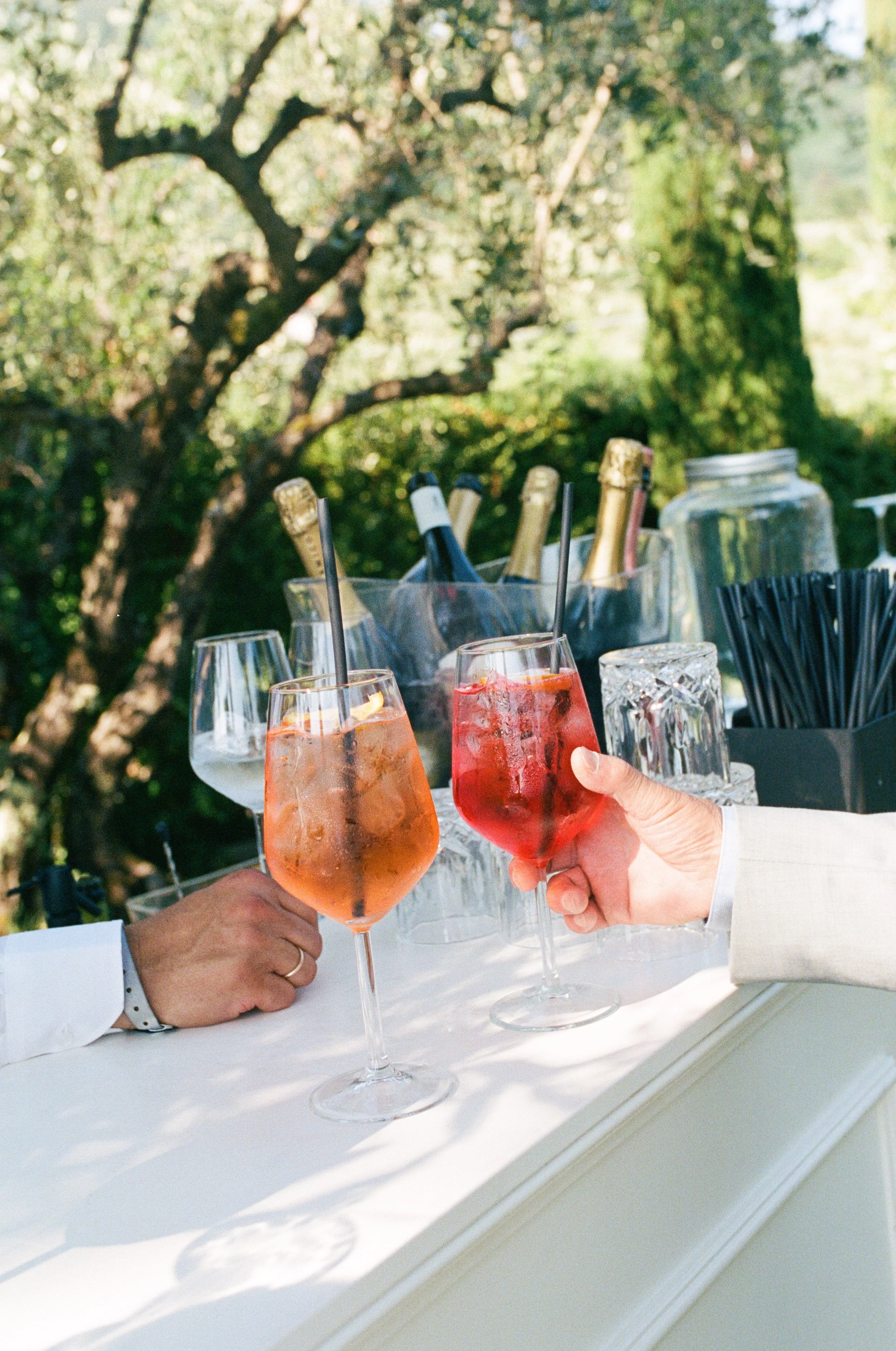 Two people clinking glasses of pink cocktails outdoors with a table of drinks and bottles, with trees in the background.