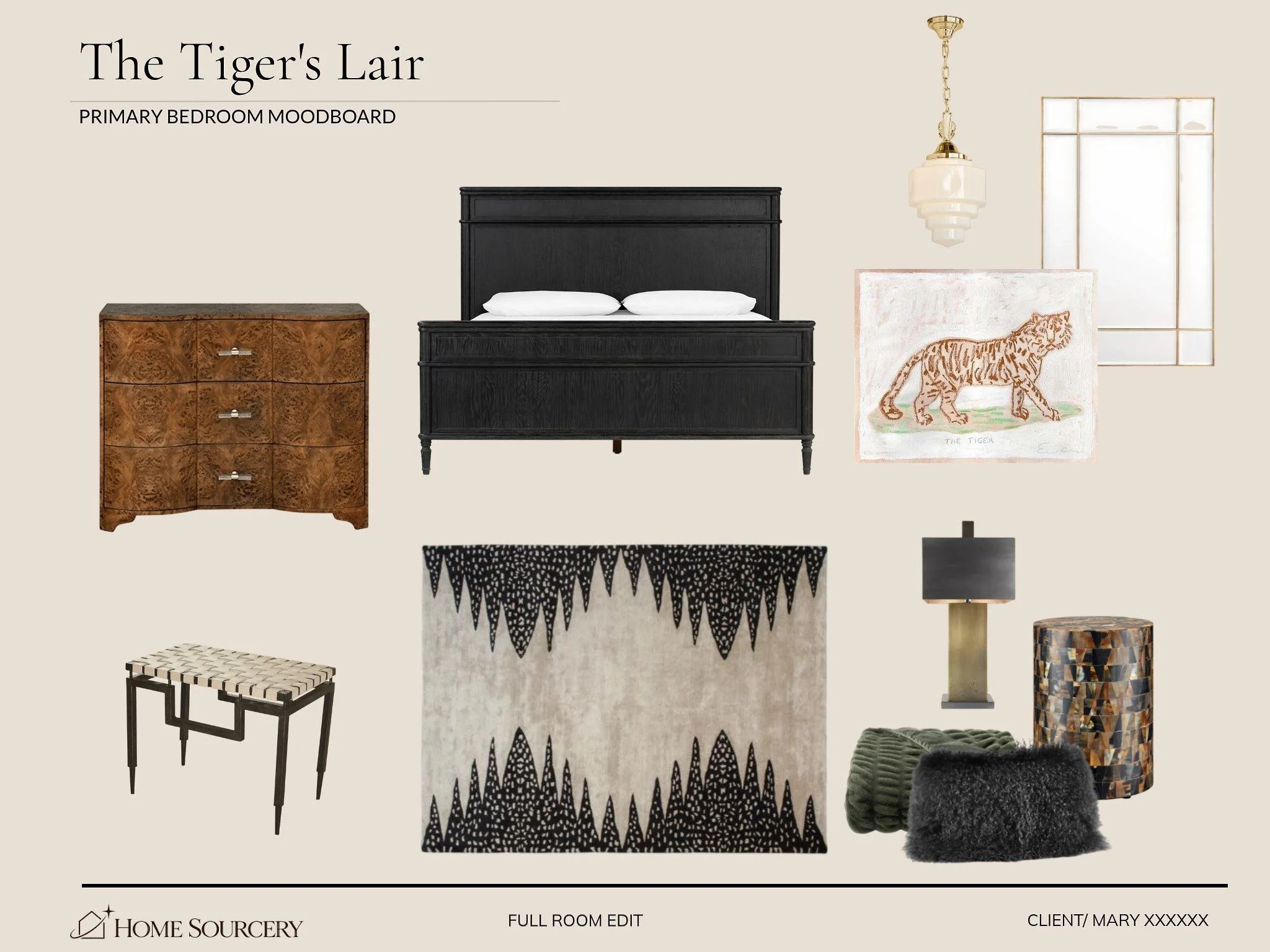 A bedroom mood board titled 'The Tiger's Lair,' featuring a black bed frame, a wooden dresser, a patterned rug, a drawing of a tiger, and various decorative furniture and accessories.