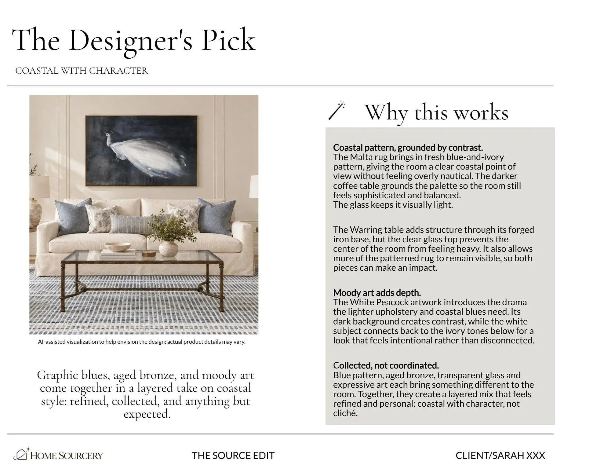 A living room with a white sofa decorated with various gray and patterned pillows. A large abstract painting of a white peacock on a dark background hangs above the sofa. A glass coffee table with a metal frame sits in front of the sofa, holding a gr