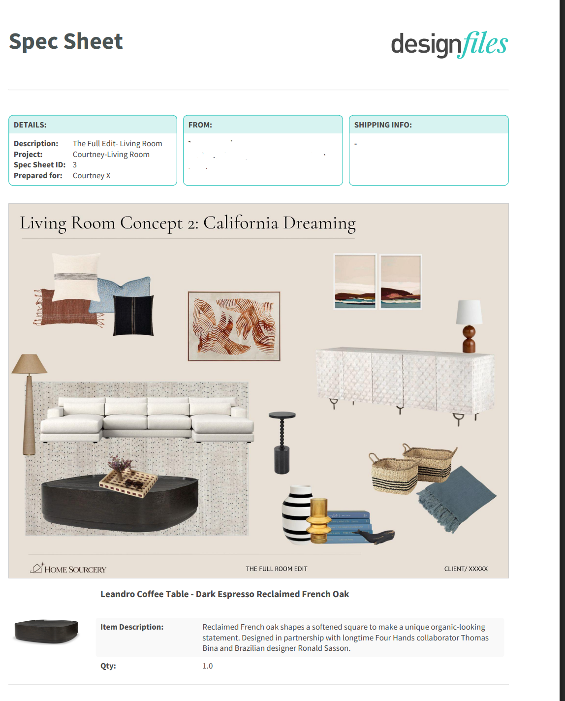 A detailed decor spec sheet titled 'Living Room Concept 2: California Dreaming,' featuring images of pillows, artwork, furniture, and home accessories in a modern, neutral color palette.