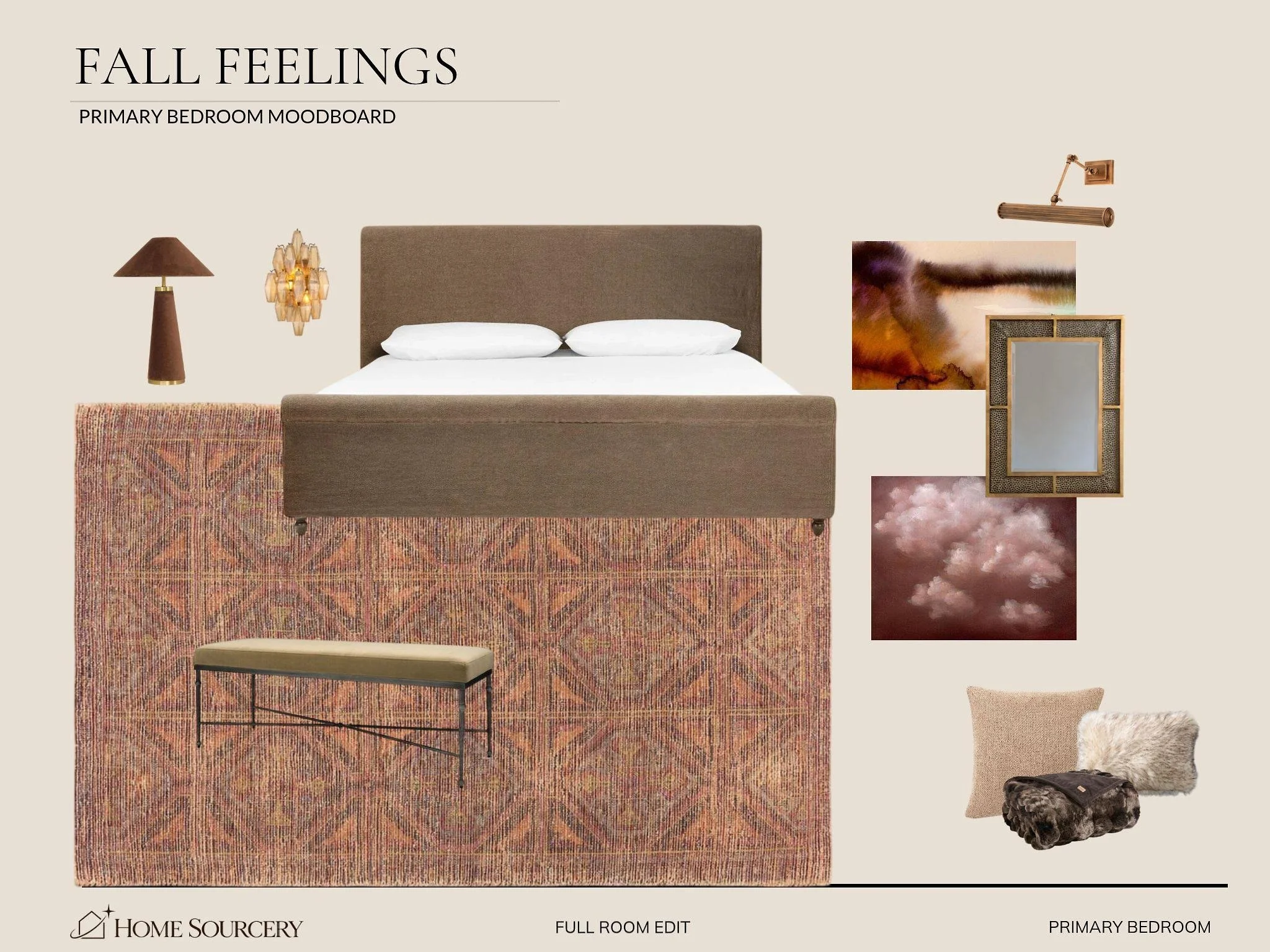 Moodboard titled 'Fall Feelings' featuring a bed with neutral bedding, a table lamp, a pendant light, abstract art with warm colors, a framed mirror with woven border, a pink and brown abstract piece, a patterned rug, a small bench, and a cozy pillow